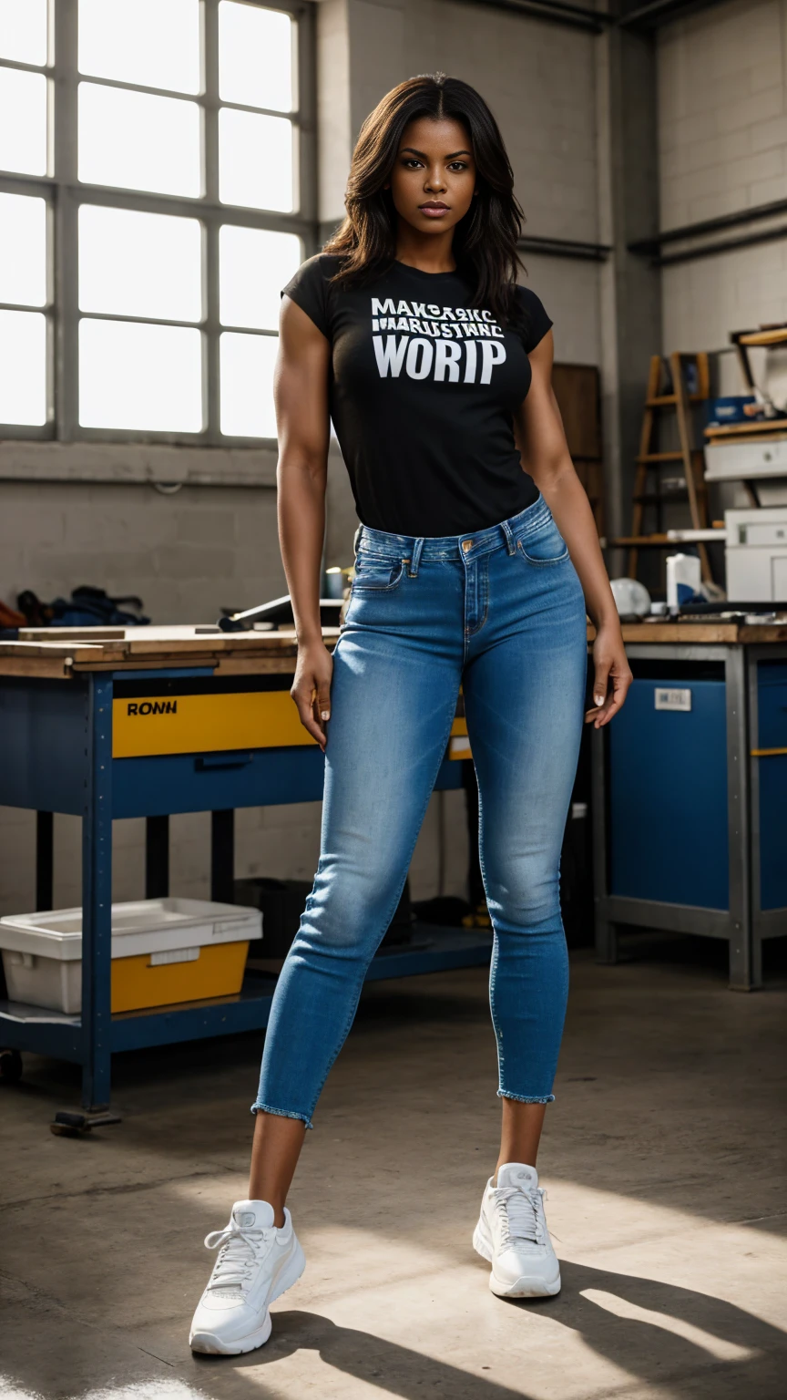 RAW, Best quality, high resolution, (masterpiece: 1.3), full body shot, Masterpiece, large muscles, woman, crop hair, standing straight in a workshop, masculine stance, fierce expression, facing straight to viewer, t-shirt, long jeans, sneakers, at noon, workshop background, Great lighting, great sunlight, Bright colors, Ultra realistic clean lines, very realistic