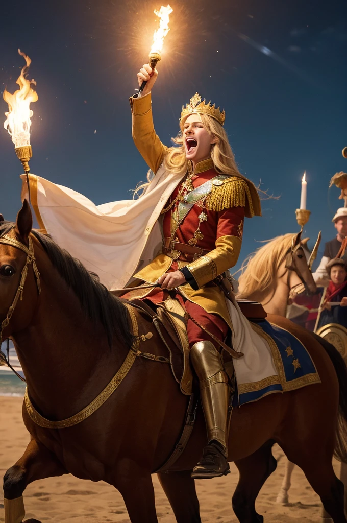 A painting of a young king with blond hair and a crown on his horse, rising up in excitement, raising a large torch and shouting a victory cry on the beach at night.