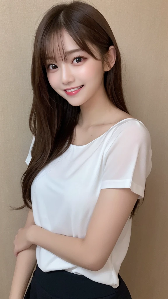 highest quality, figure, super detailed, finely, High resolution, 8k wallpaper, (Hold out your hand), 完璧なダイナミックな構figure, beautiful and fine eyes, have a smartphone, White sleeveless blouse, straight hair,small breasts natural color lip, smile、indoor、20 year old girl、cute、shot looking at camera,perfect and beautiful face,blur the background,perfect and beautiful face