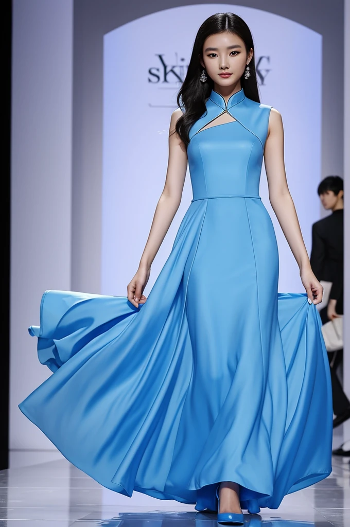 Chinese fashion model, wearing sky blue sexy dress, france fashion show