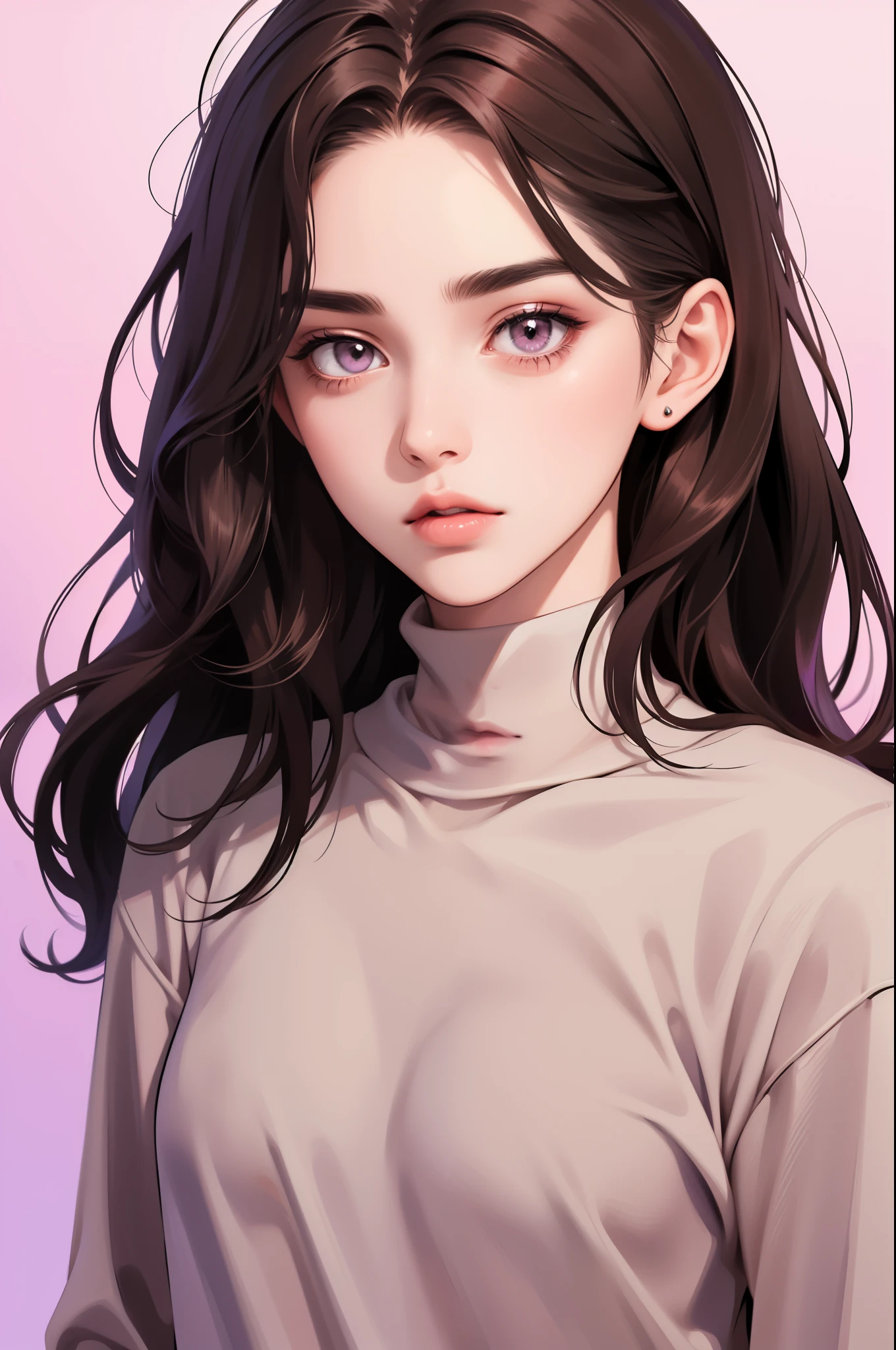 Girl, long brown hair, dark gray eyes, sharp features, white skin, pink lips, beautiful, perfect, sweater, purple background