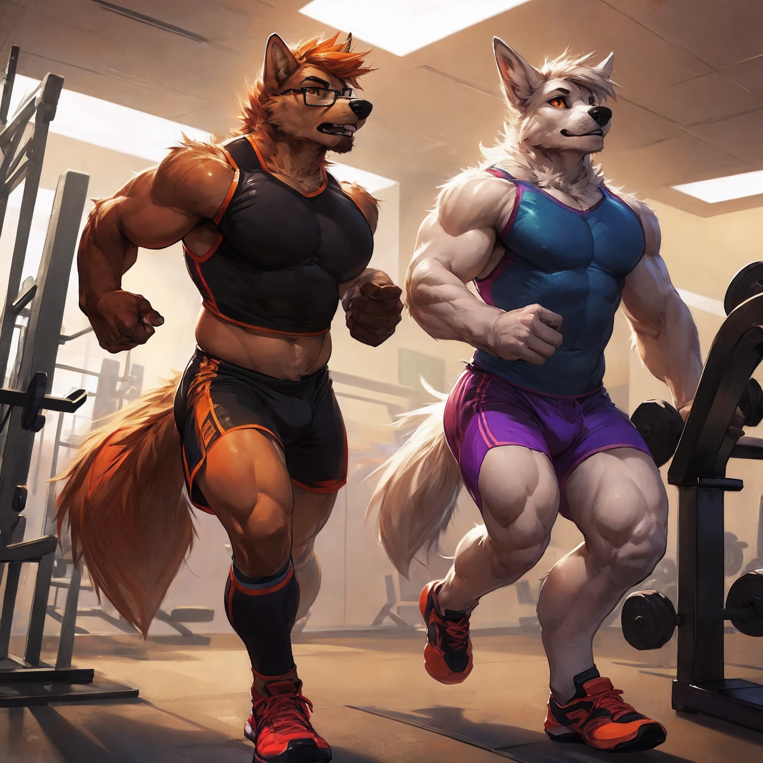 Duo ,female, male, big breasts, canine, white fur, orange eyes, orange hair, glasses, brown arms, muscular, at the gym, running, workout clothes, by darkgem