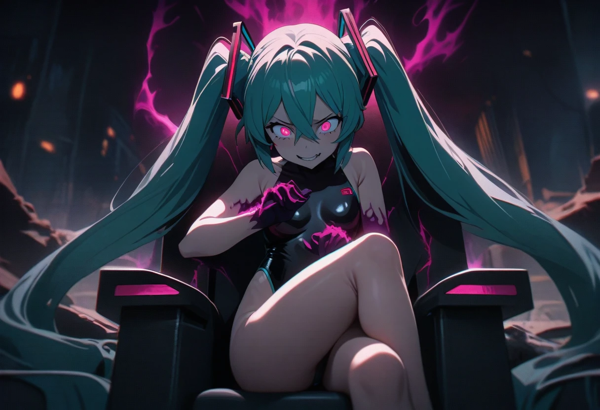 best masterpiece, ultra detailed, best quality, sharp focus, 12k, super high resolution picture, 1girl, hatsune miku, vocaloid,(Bontage leotard:1.5),(sitting on the 1girl:1.5), crossing legs, looking down, from bottom, looking at viewer, outdoors,evil aura,evil smile,full body,dark aura,(anime coloring:1.4),Several girls behind
