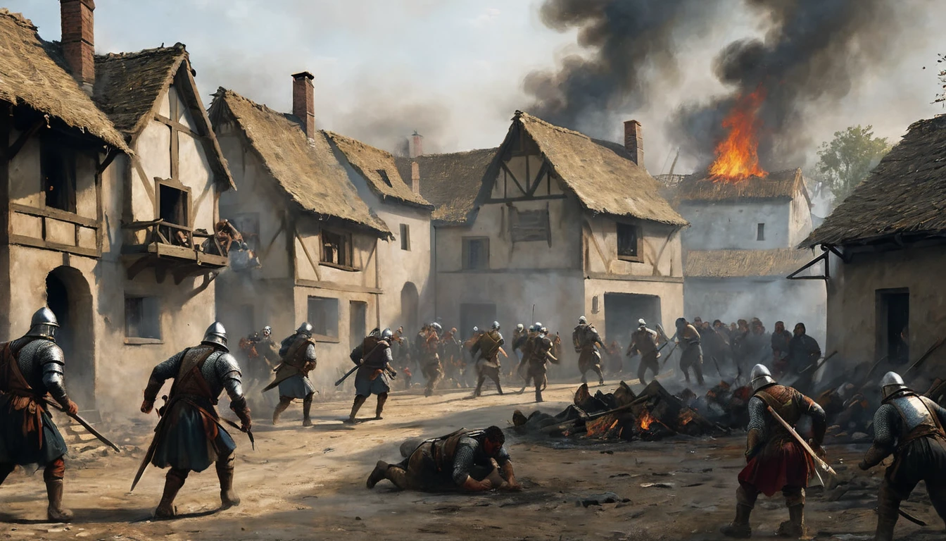 Medieval village sacked by a group of medieval soldiers. The scene shows a village in chaos, with wooden and straw houses on fire, dark smoke rising into the sky. Soldiers, dressed in armor and chain mail, are scattered around the place, some with drawn swords and others carrying looted goods. The villagers, with simple clothes and terrified expressions, flee or hide in the rubble. In the background, a group of soldiers are breaking down a door, while others carry away livestock and supplies. The atmosphere is tense and bleak, with devastation and fear palpable in every corner of the village., Hyperrealism, UHD, retina, masterpiece, accurate, anatomically correct, textured skin, super detail, award winning, 8k
