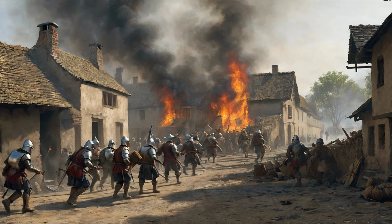 Medieval village sacked by a group of medieval soldiers. The scene shows a village in chaos, with wooden and straw houses on fire, dark smoke rising into the sky. Soldiers, dressed in armor and chain mail, are scattered around the place, some with drawn swords and others carrying looted goods. The villagers, with simple clothes and terrified expressions, flee or hide in the rubble. In the background, a group of soldiers are breaking down a door, while others carry away livestock and supplies. The atmosphere is tense and bleak, with devastation and fear palpable in every corner of the village., Hyperrealism, UHD, retina, masterpiece, accurate, anatomically correct, textured skin, super detail, award winning, 8k
