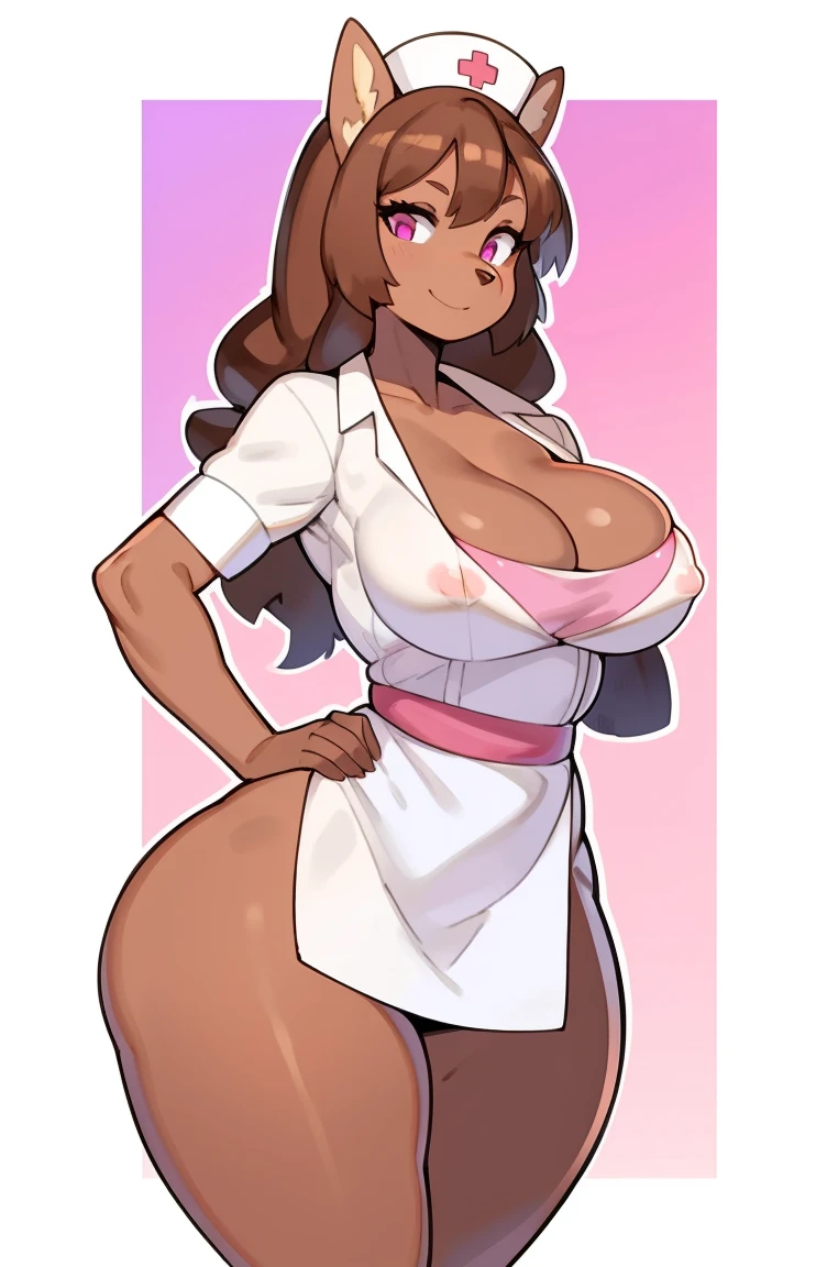 by buta99, by chelodoy, by spikedmauler, by cervina7, solo, female, standing, looking at viewer, ((hair, snout)), pink eyes, sexy, smiling, lips, eyelashes, eyeliner, big breasts, cleavage, canine, , light brown fur, chocolate labrador, domestic dog, green eyes, sexy, light brown hair, long curly brown hair, skinny, small waist, super skinny,huge thighs, huge ass, pink eyes, kawaii, emote, showing emotion, straight on, huge , massive , cute nips, tan skin, huge massive , pink, pink Princess,, big eyes, full body, dominant women , sexy pose, looking at viewer, bright and vibrant colors, nurse, doctor, wearing cute nurse outfit, pink nurse outfit, sanding, slutty nurse, dress with apron