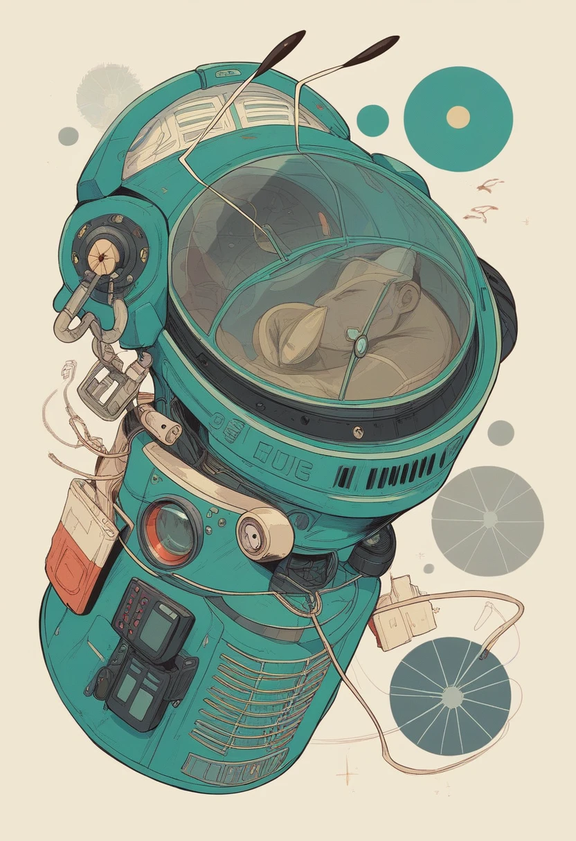 Generate an illustration that reflects retro-futuristic aesthetics and technological obsolescence. Use a vintage color palette with sepia tones, navy blue and olive green. Includes geometric figures (circles, squares, triangles) and groups elements so that they are perceived as sets according to the law of proximity. The image must have a clear composition and the figures must not appear deformed. Include older devices such as televisions with antennas, retro radios and rotary telephones alongside outdated futuristic elements.