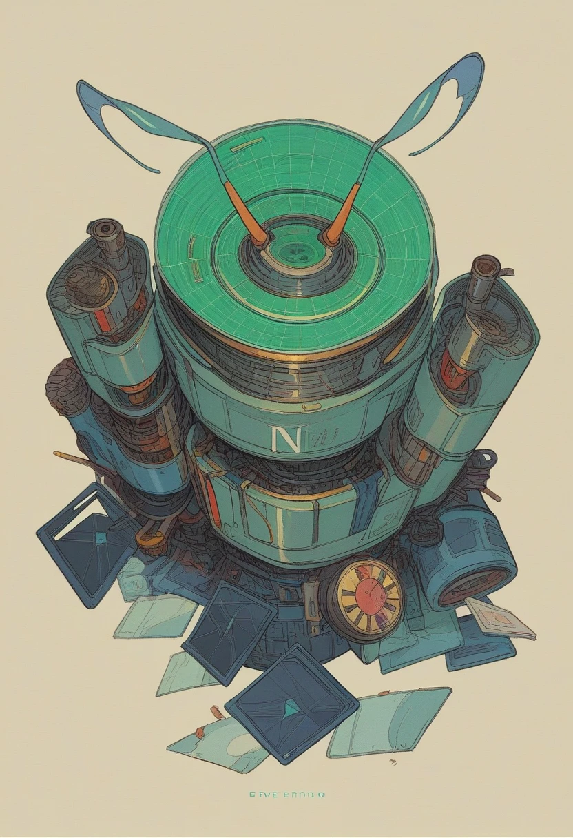 Generate an illustration that reflects retro-futuristic aesthetics and technological obsolescence. Use a vintage color palette with sepia tones, navy blue and olive green. Includes geometric figures (circles, squares, triangles) and groups elements so that they are perceived as sets according to the law of proximity. The image must have a clear composition and the figures must not appear deformed. Include older devices such as televisions with antennas, retro radios and rotary telephones alongside outdated futuristic elements.