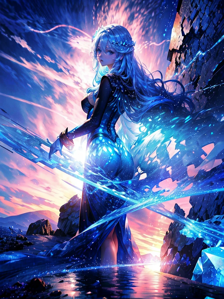 One beautiful woman、Long Field Angle、Highest quality、Super detailed、masterpiece、Transparent light blue hair、Crystal-like hair、Blue eyes that shine like jewels、Flowing hair、Sky、Standing on a steep cliff、Above the Clouds、Spectacular viewystery