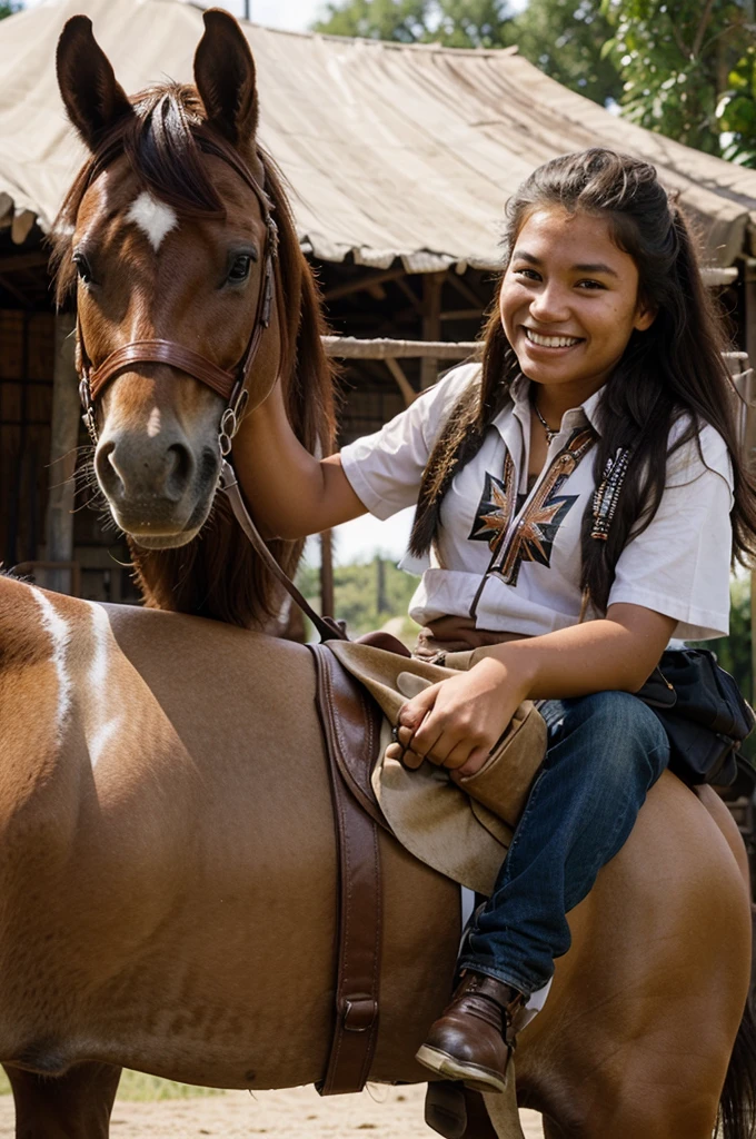 Indigenous 18 years old girl riding a horse, chuckle smile