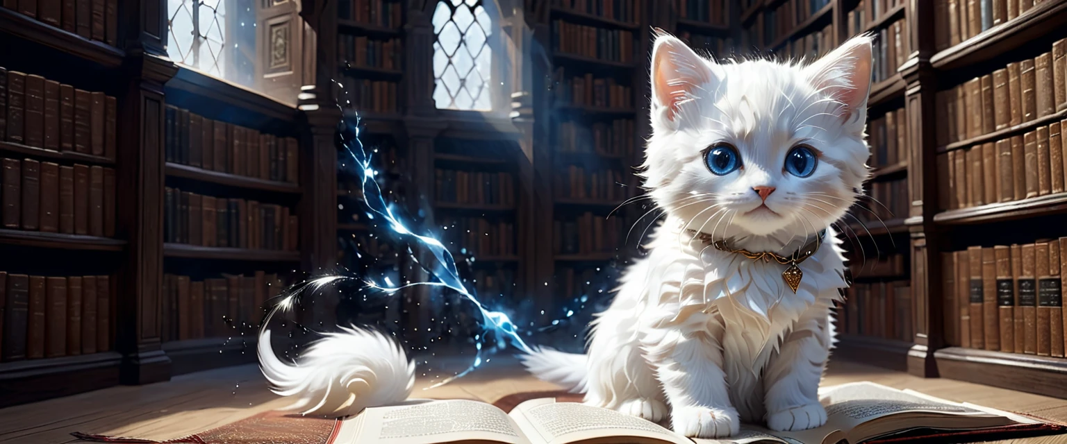 C4tt4stic, Medieval Europe, surrounded by countless particles of light, each one shining brightly, illustration of a small, cute creature, wearing a luxurious robe, full body, from behind, standing, costume, reading a book in a library, fantasy art, exquisite details, Jean-Baptiste Monge style, Alan Lee style, anthropomorphic blue-eyed white furry kitten, cinematic scene, dramatic shot angles, atmospheric grain, realistic, raw cinematic photorealism, action portrait, 8k, detailed, full frame