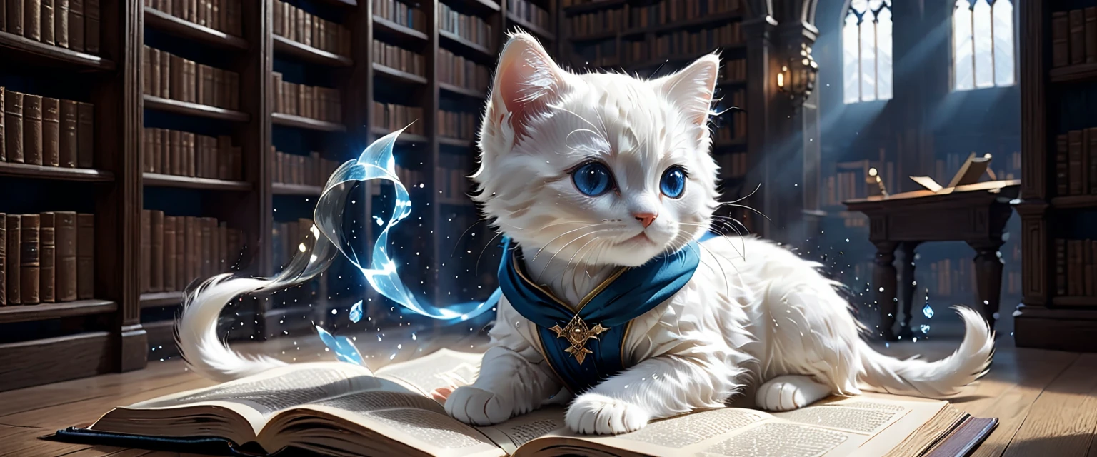 C4tt4stic, Medieval Europe, surrounded by countless particles of light, each one shining brightly, illustration of a small, cute creature, wearing a luxurious robe, full body, from behind, standing, costume, reading a book in a library, fantasy art, exquisite details, Jean-Baptiste Monge style, Alan Lee style, anthropomorphic blue-eyed white furry kitten, cinematic scene, dramatic shot angles, atmospheric grain, realistic, raw cinematic photorealism, action portrait, 8k, detailed, full frame