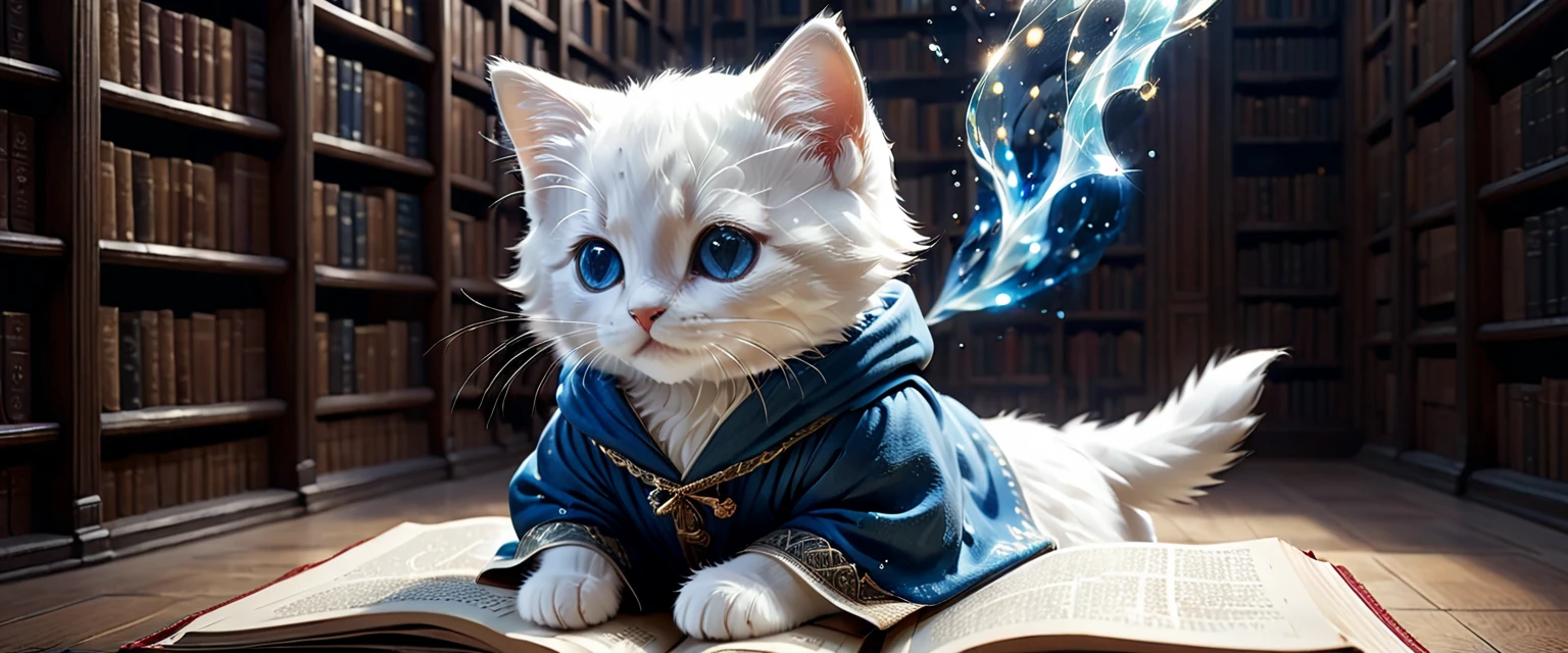 C4tt4stic, Medieval Europe, surrounded by countless particles of light, each one shining brightly, illustration of a small, cute creature, wearing a luxurious robe, full body, from behind, standing, costume, reading a book in a library, fantasy art, exquisite details, Jean-Baptiste Monge style, Alan Lee style, anthropomorphic blue-eyed white furry kitten, cinematic scene, dramatic shot angles, atmospheric grain, realistic, raw cinematic photorealism, action portrait, 8k, detailed, full frame