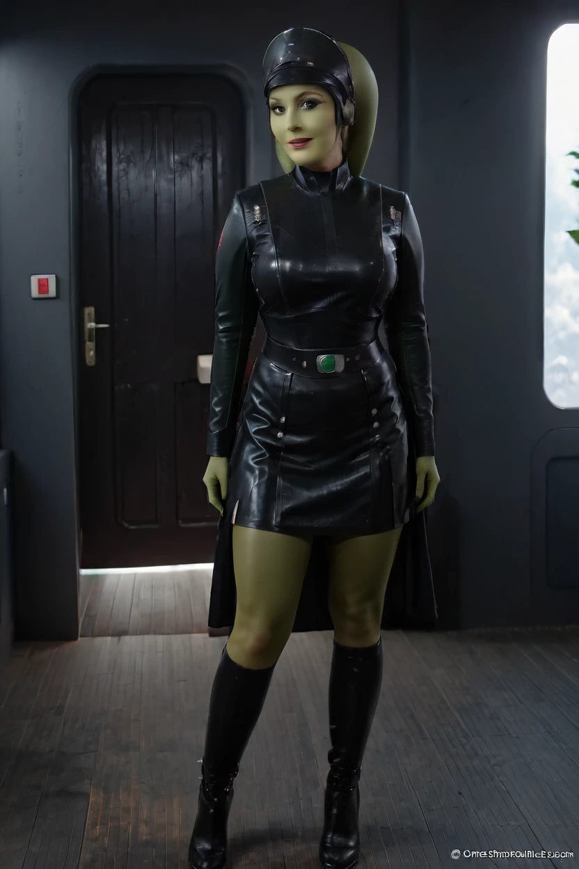 cinematic film still hera syndulla, (green skin:1.2), grin at canal, full body imperail officer wearing a black uniform with a skirt, standing in a dark interior, highly detailed, high budget Hollywood movie