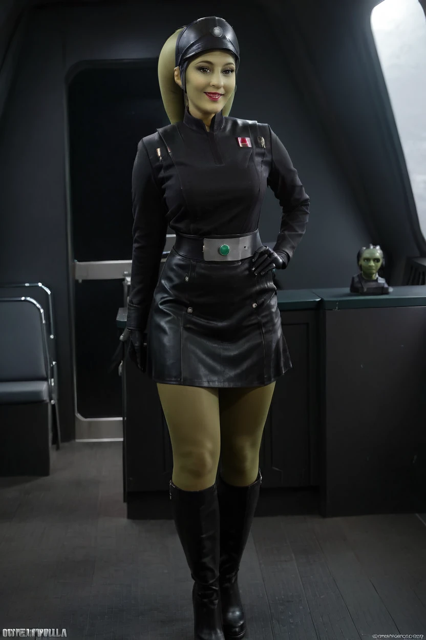 cinematic film still hera syndulla, (green skin:1.2), grin at canal, full body imperail officer wearing a black uniform with a skirt, standing in a dark interior, highly detailed, high budget Hollywood movie