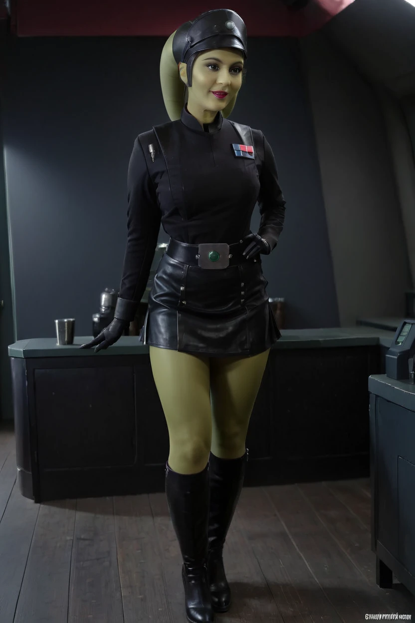 cinematic film still hera syndulla, (green skin:1.2), grin at canal, full body imperail officer wearing a black uniform with a skirt, standing in a dark interior, highly detailed, high budget Hollywood movie