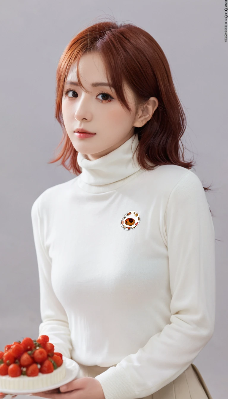 best quality, masterpiece, Kirillite Mashup, Solitary, 1 Girl, black eyes, White Turtleneck Shirt, (Red Cliff: 0.6), light-red hair, sticker, Emoticons, Lovely, White background, ((Make Food))