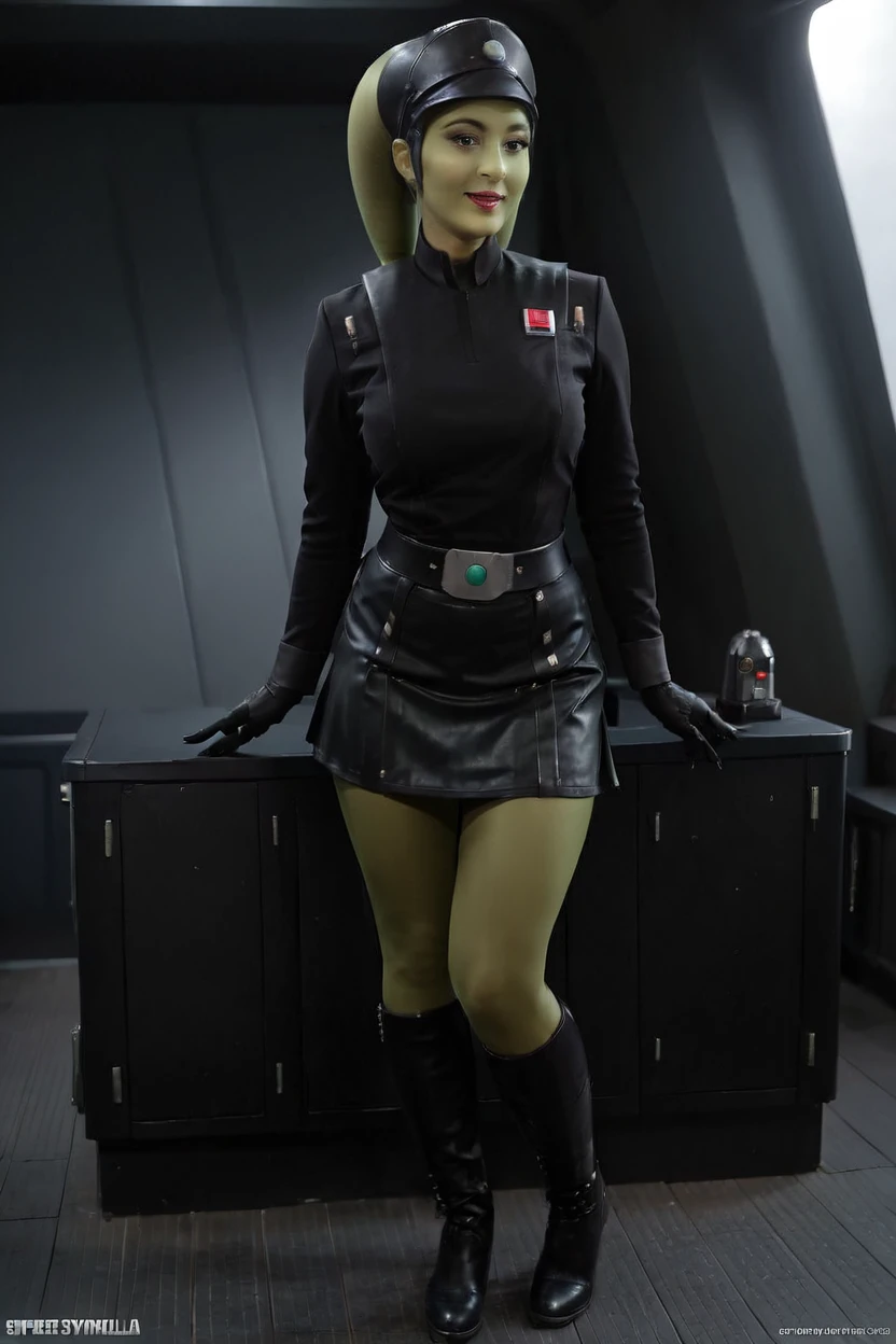 cinematic film still hera syndulla, (green skin:1.2), grin at canal, full body imperail officer wearing a black uniform with a skirt, standing in a dark interior, highly detailed, high budget Hollywood movie