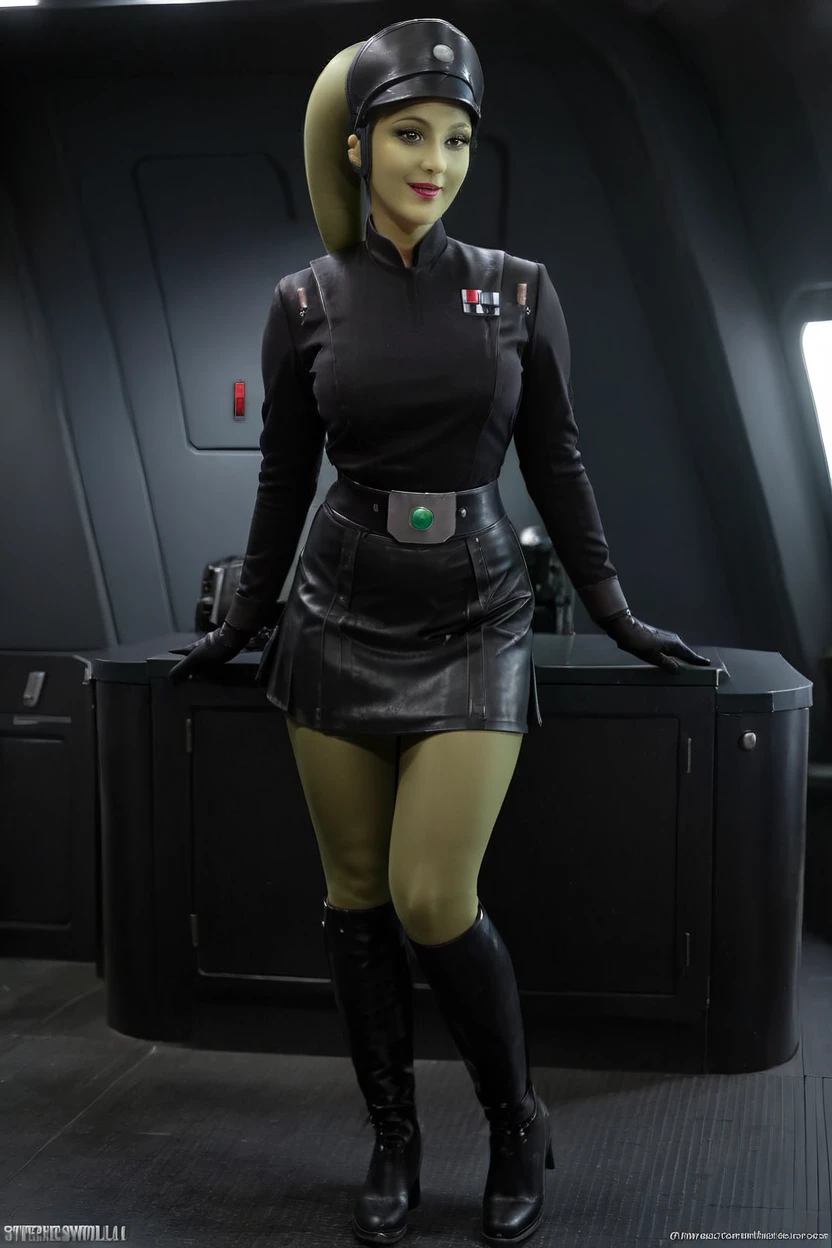 cinematic film still hera syndulla, (green skin:1.2), grin at canal, full body imperail officer wearing a black uniform with a skirt, standing in a dark interior, highly detailed, high budget Hollywood movie
