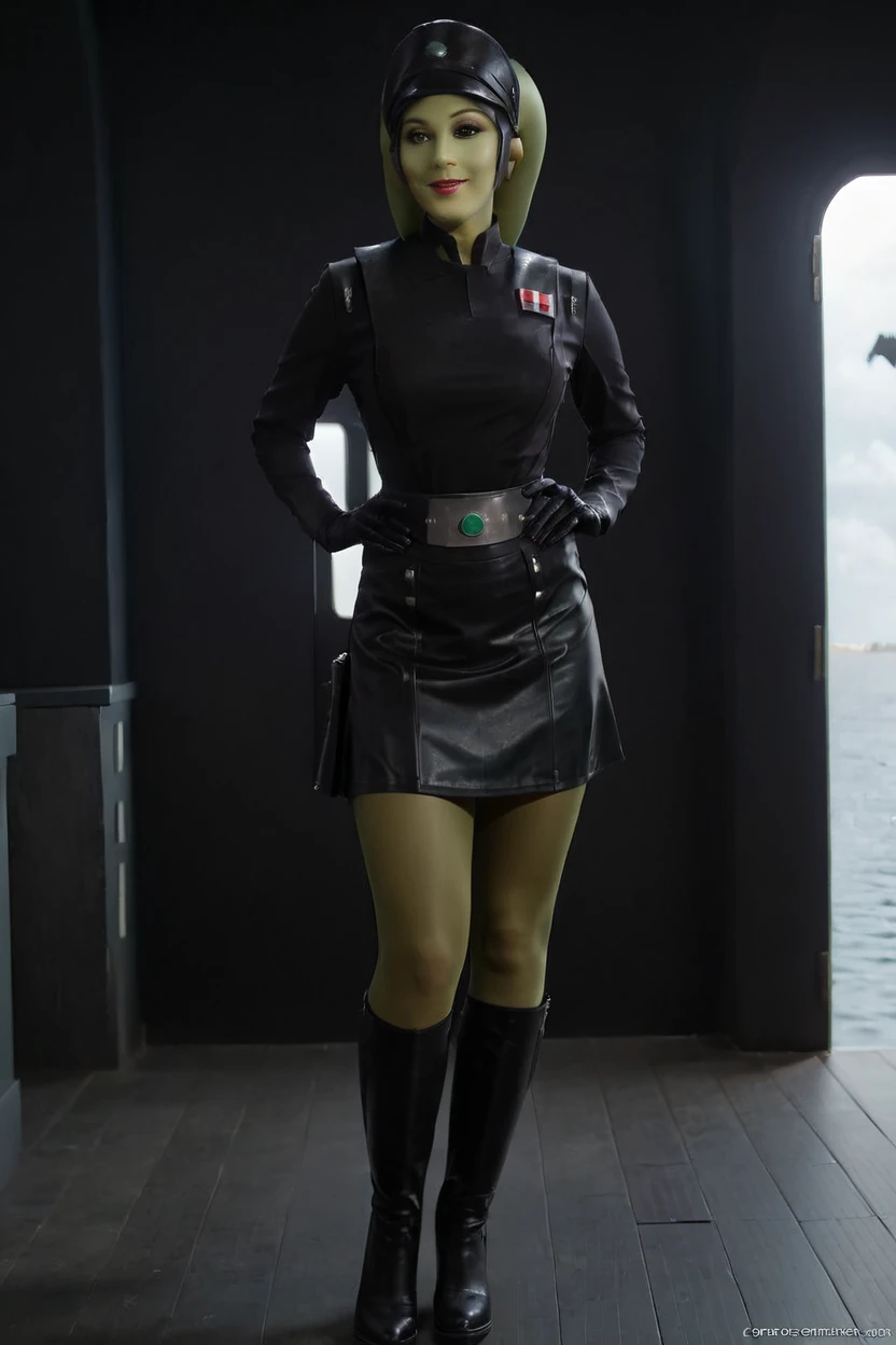 cinematic film still hera syndulla, (green skin:1.2), grin at canal, full body imperail officer wearing a black uniform with a skirt, standing in a dark interior, highly detailed, high budget Hollywood movie