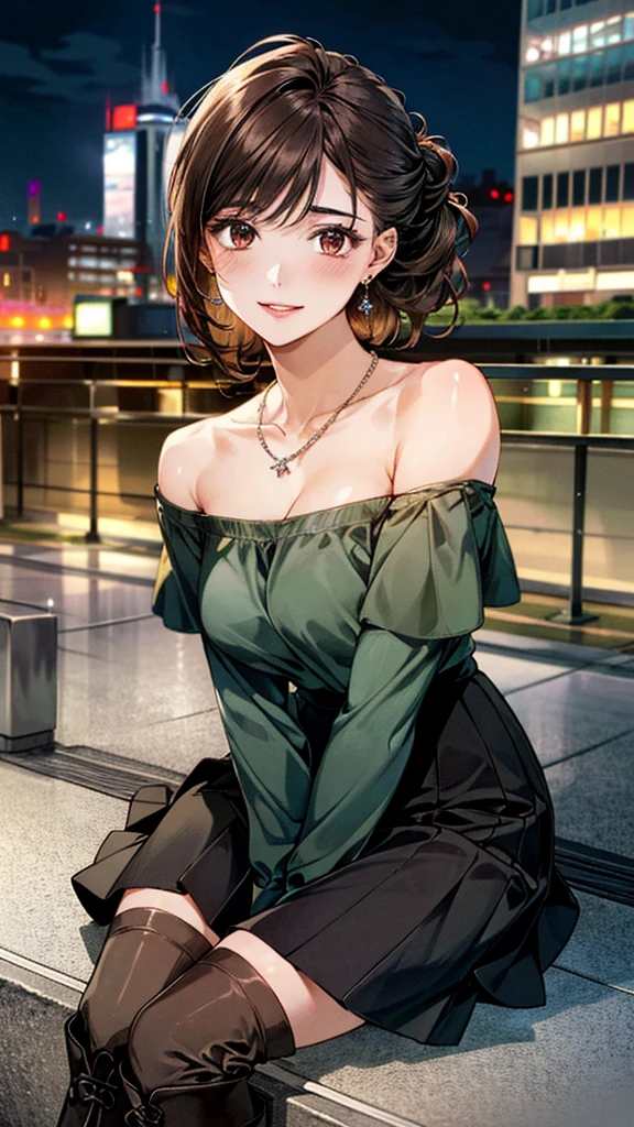 (masterpiece:1.3, Highest quality, Ultra-high resolution：1.2, Super detailed、8K), (Realistic, photoRealistic:1.4), Beautiful illustrations, Perfect lighting, colorful, Depth of written boundary, Beautiful detailed hair, Beautifully detailed face, Beautiful fine details, Droopy eyes、Beautiful clavicle, Beautiful body, 美しいLarge Breasts, Beautiful thighs, Beautiful feet, Beautiful fingers, View Viewer、Front view:0.6, Beauty1人, Japanese, Beauty、30 years old, Perfect Face, (Perfect Anatomy, Anatomically correct), Cute and symmetrical face, Baby Face, , Shiny skin,(Dark green off-the-shoulder blouse:1.4), ((Wraparound skirt:1.5))  、(pumps:1.3)、(Black Hair, Updo Hair:1.4), braided bangs、Dark brown eyes, Large Breasts, Slim body, necklace, Small earrings:1.1, (Beautiful views), (night), (city, cityscape in the distance), Riverside、Are standing、 A soft smile、(Smile, Lips parted),