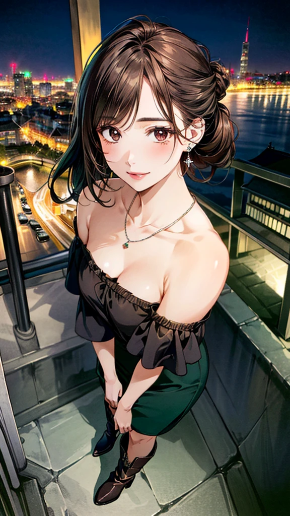 (masterpiece:1.3, Highest quality, Ultra-high resolution, Super detailed), (Realistic, photoRealistic:1.4), Beautiful illustrations, Perfect lighting, colorful, Depth of written boundary, Beautiful detailed hair, Beautifully detailed face, Beautiful fine details, Droopy eyes、Beautiful clavicle, Beautiful body, 美しいLarge Breasts, Beautiful thighs, Beautiful feet, Beautiful fingers, View Viewer、Front view:0.6, Beauty1人, Japanese, Beauty、30 years old, Perfect Face, (Perfect Anatomy, Anatomically correct), Cute and symmetrical face, , , Shiny skin, (Dark green cold shoulder blouse:1.4),((Long skirt 1.5)) 、(short boots:1.3)、(Dark brown hair, Updo Hair:1.4), braided bangs、Dark brown eyes, Large Breasts, Slim body, necklace, Small earrings:1.1, (Beautiful views), (night), (city, cityscape in the distance), Riverside、 A soft smile、(Smile, Lips parted),