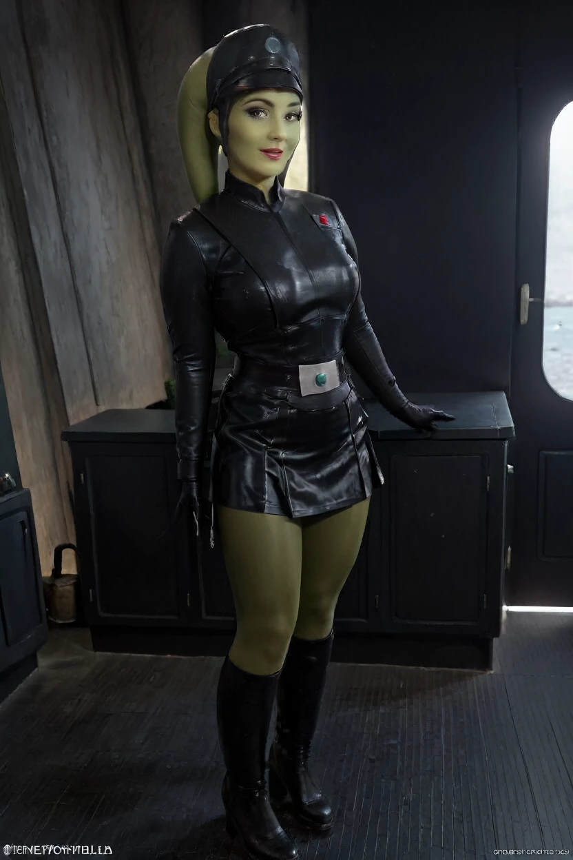 cinematic film still hera syndulla, (green skin:1.2), grin at canal, full body imperail officer wearing a black uniform with a skirt, standing in a dark interior, highly detailed, high budget Hollywood movie