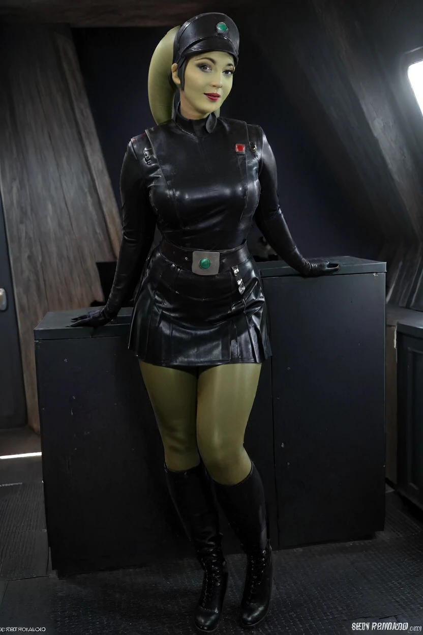 cinematic film still hera syndulla, (green skin:1.2), grin at canal, full body imperail officer wearing a black uniform with a skirt, standing in a dark interior, highly detailed, high budget Hollywood movie
