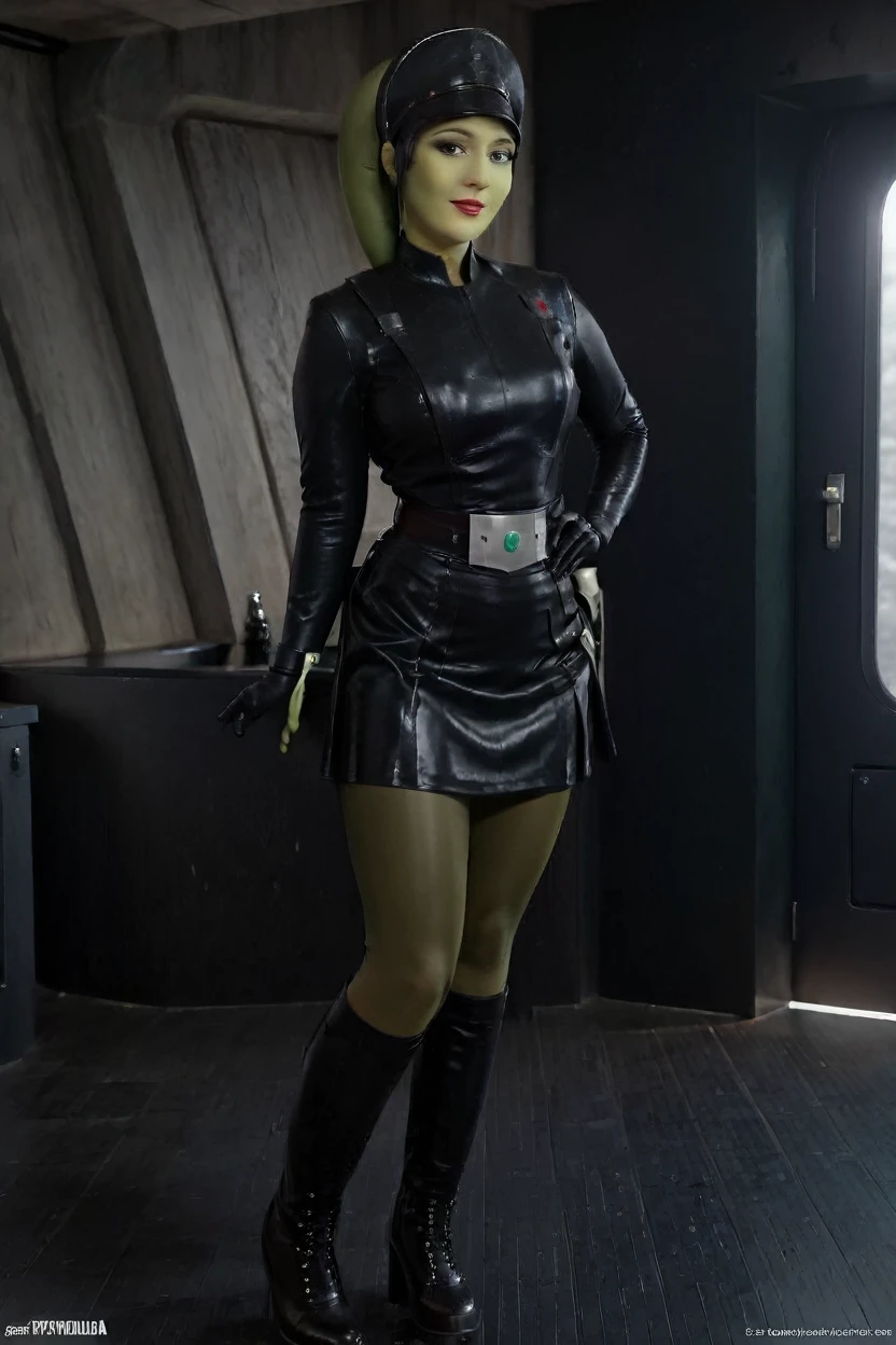 cinematic film still hera syndulla, (green skin:1.2), grin at canal, full body imperail officer wearing a black uniform with a skirt, standing in a dark interior, highly detailed, high budget Hollywood movie
