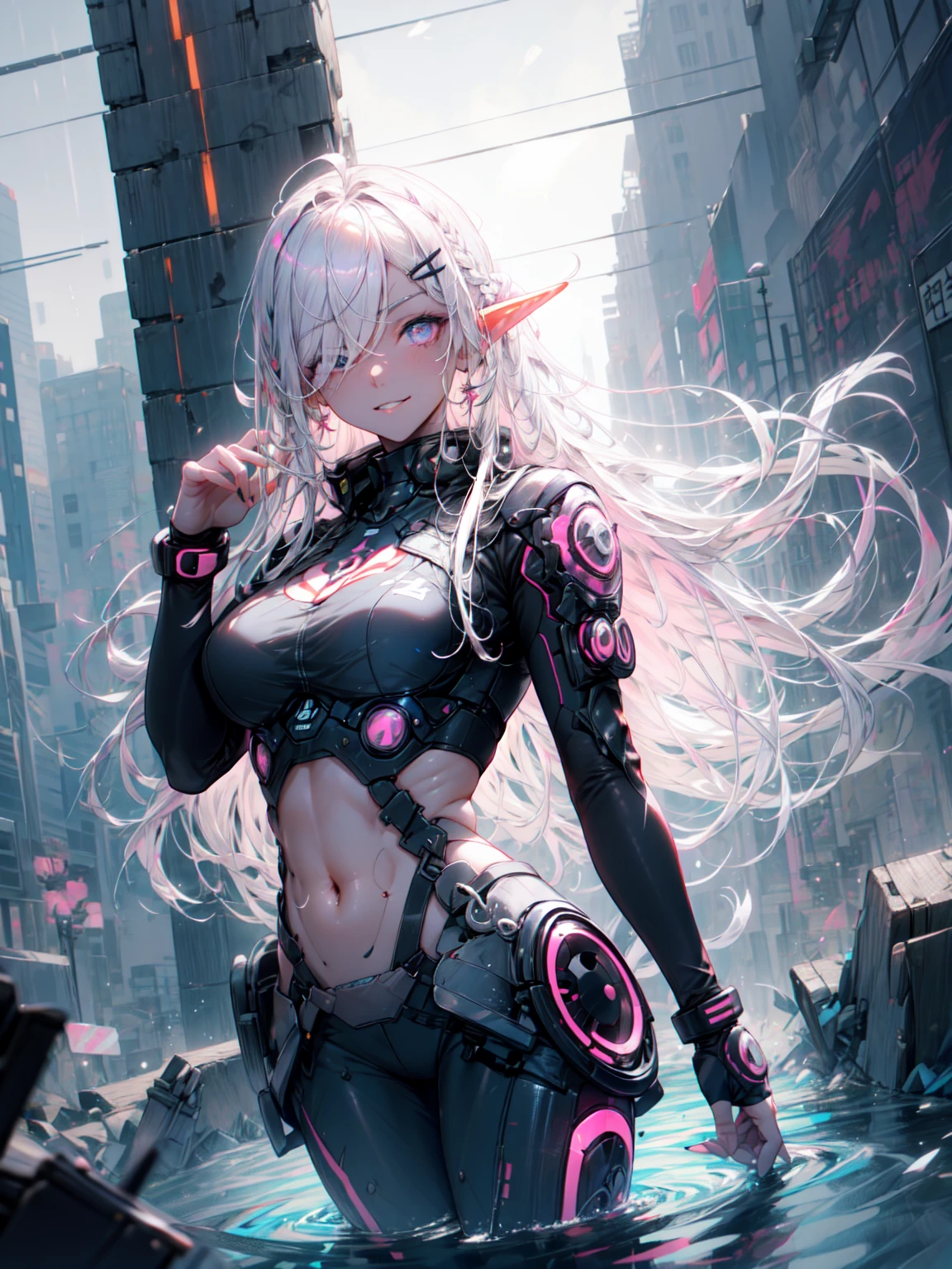 ((masterpiece)), (Highest quality), (Highest quality), ((非常にdetailed, 8K quality)), aesthetics, Cinema Lighting, (detailedな線画), Confused, (Optimal Configuration), (High resolution), Watercolor paints, Calm色, Warm colors, Highest quality, Delicate brushwork, 
Blake
cyberpunk Dark Elf woman,  wearing japanese Techwear, black harajuku fashion, Cyberpunk Streetwear, wearing Cyberpunk Streetwear, Techwear, Armored Organic Cyborg,  Mecha_musume,  High quality fabric, Armor Textures, 彼女はandても(relax) and(Calm) exterior, Please raise your hand, Contrasting, Cowboy Shot, Dutch Angle, Golden Ratio,  Dramatic cinematic atmosphere, Fantasy, Complex, elegant, 非常にdetailed, Vibrant, Realistic,  Art Station, shape, Concept Art, Smooth, Sharp focus, Cyberpunk-style brush painting by Yoji Shinkawa, by Mikimoto Haruhiko, by art germ,
Blake
非常にdetailed of (Dark Elf), (1 Girl), alone, Perfect Face, detailed, Ahoge, ((Long Hair:1.2)), (Hair above one eye:1.3), [[Messy Hair]], Shiny blonde white hair, Purple eyes, Variegated eyes, Colorful Hair, Shining Eyes, (eyelash, eye shadow, pink eye shadow), bright, smile, Design Art：Haruhiko Mikimoto, by Kawashi, By Yoshitaka Amano,
break, 
((Perfect Anatomy)), Perfect body, Abdominal muscles, Medium Chest, Best Hand, Perfect Face, Beautiful Face, Beautiful Eyes, Perfect Eyes, (Perfect Fingers, Thin fingers), Correct Anatomy, ((Dark Skin:1.2)),
break, 
Watercolor paints, Calm色, Warm colors, Highest quality, Delicate brushwork,Picture background, Remains, Some are submerged in water, bubble, bubble water, splash, Cyberpunk industry and neon lights, ケーブルandパイプ, ventilation duct, Police Line, (Written boundary depth:1.2), (Blurred Background:1.2), haruhiko mikimoto&#39;style, art germ, Kentaro Miura style, haruhiko mikimoto&#39;style, art germ, Kentaro Miura style,