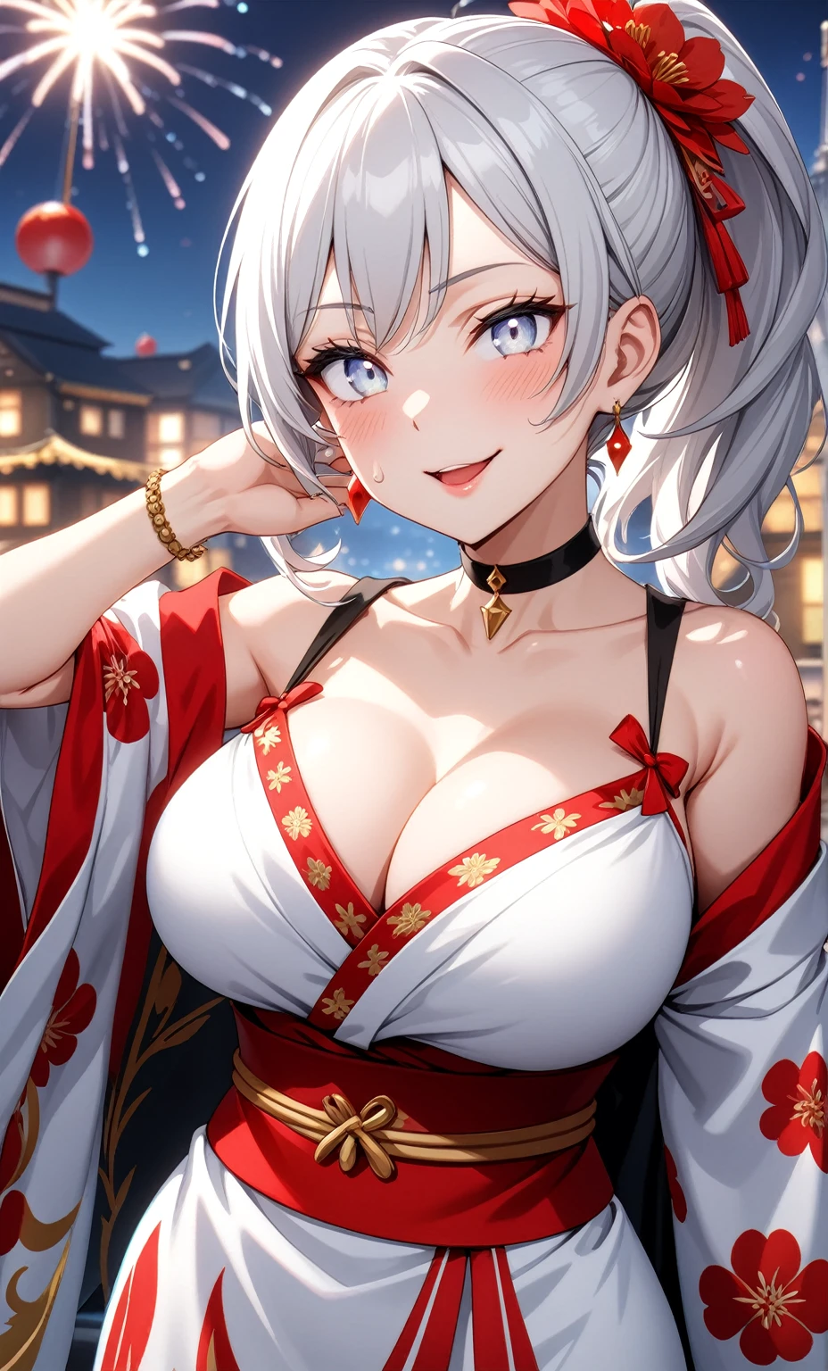 ((One personの女性)), Beautiful Face,Laughing embarrassedly,((Wink:2.0)),Laugh with your mouth wide open((Bright red cheeks:1.4)),Glossy pink lips,night,rooftop,Festive decorations,You can see the ocean, firework,Laughing with your mouth open,Glossy pink lips,Lighting on the face,((Anime style background)),masterpiece, Highest quality, so beautiful,Latest, Complex details, (Pink long nails),(ring),(bracelet),(choker),AI-generated, Complex,High resolution, Highest quality, super high quality,3D Images、View your viewers、3D Images,One person,Long white hair,High Ponytail,(blue eyes),Anime woman posing for a photo, ((Fine grain、Silvery white colorful eyes、Shining Eyes:1.4)),(Squint your eyes:1.1),a hyperRealistic , hyperRealistic , Realistic,Anime woman with long and white hair, Smooth anime CG art, A woman in a colorful kimono with gold embroidery, (Black long sleeve kimono),Red floral pattern,Long flower hair ornament,Big earrings,Mature Body,(Big Breasts:1.1),Tall,Abdominal muscles,Narrow waist,(Zoom in on face:2.0),(Shooting from an angle:1.5),(Tilt the angle:1.3),