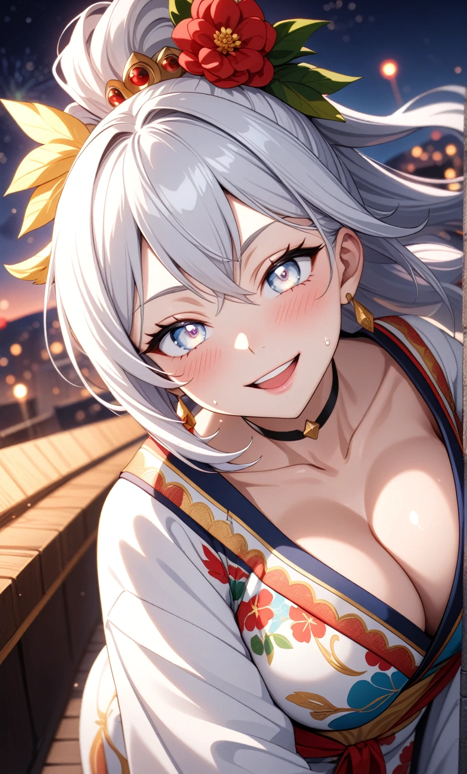 ((One personの女性)), Beautiful Face,Laughing embarrassedly,((Wink:2.0)),Laugh with your mouth wide open((Bright red cheeks:1.4)),Glossy pink lips,night,rooftop,Festive decorations,You can see the ocean, firework,Laughing with your mouth open,Glossy pink lips,Lighting on the face,((Anime style background)),masterpiece, Highest quality, so beautiful,Latest, Complex details, (Pink long nails),(ring),(bracelet),(choker),AI-generated, Complex,High resolution, Highest quality, super high quality,3D Images、View your viewers、3D Images,One person,Long white hair,High Ponytail,(blue eyes),Anime woman posing for a photo, ((Fine grain、Silvery white colorful eyes、Shining Eyes:1.4)),(Squint your eyes:1.1),a hyperRealistic , hyperRealistic , Realistic,Anime woman with long and white hair, Smooth anime CG art, A woman in a colorful kimono with gold embroidery, (Black long sleeve kimono),Red floral pattern,Long flower hair ornament,Big earrings,Mature Body,(Big Breasts:1.1),Tall,Abdominal muscles,Narrow waist,(Zoom in on face:2.0),(Shooting from an angle:1.5),(Tilt the angle:1.3),