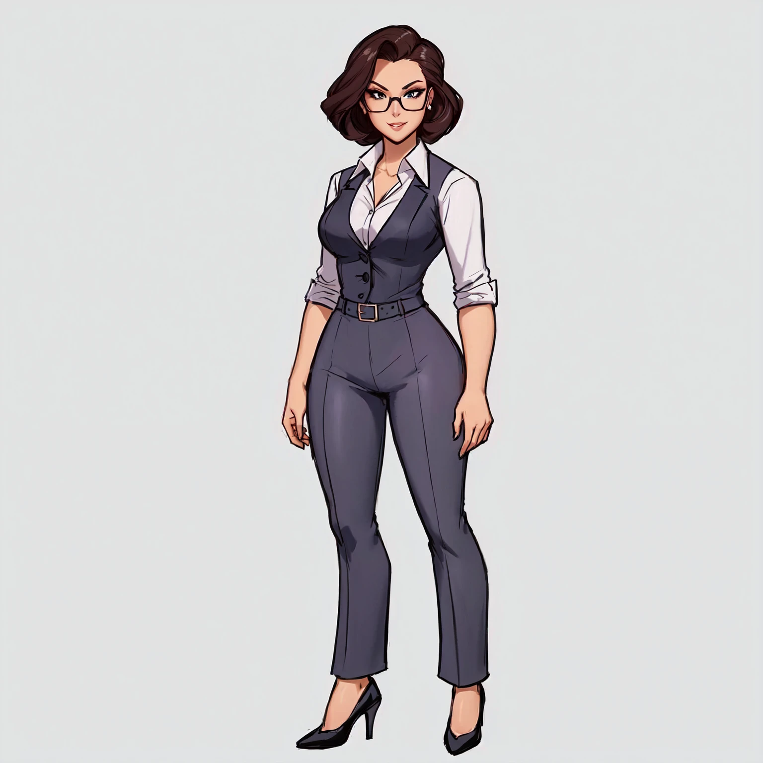 a cartoon of a woman in a business suit and heels, character full body portrait, female lead character, full body character portrait, official character art, full body character concept art, full-body character portrait, full body character design, single character concept art, full body character concept, comic character design, full character concept art, noir film world character design, professional character design