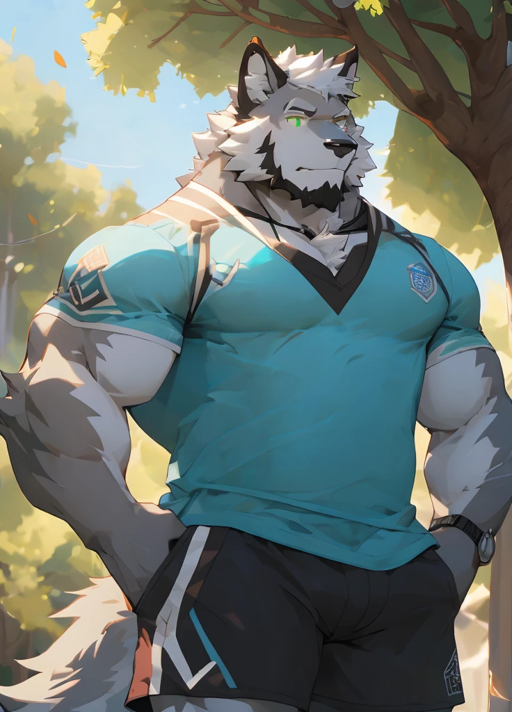 （masterpiece），（Very detailed），（best quality），hairy，Wolf，Gray fur，White hair，Green pupils，（（Casual wear，shorts）），((Convex))，Standing under the tree，Put on your headphones，(Side close-up 1.2)，8K，（（high quality））