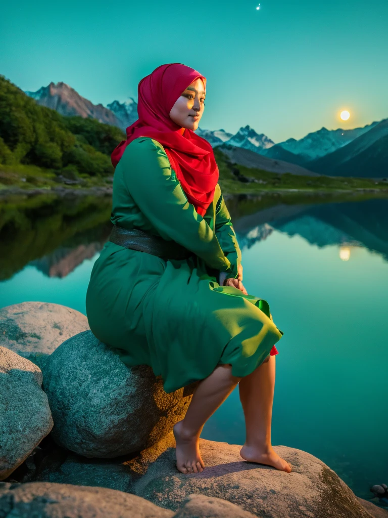 medium shot photo, side view, a beautiful Korean woman wearing a hijab, turquoise green long skirt, sitting on a rock, knees propped, barefoot, face facing the camera, sad expression, on a very starry night. Big red moon behind the mountains. The calm lake reflects the night. realistic scenes, details, Photorealism, 16k