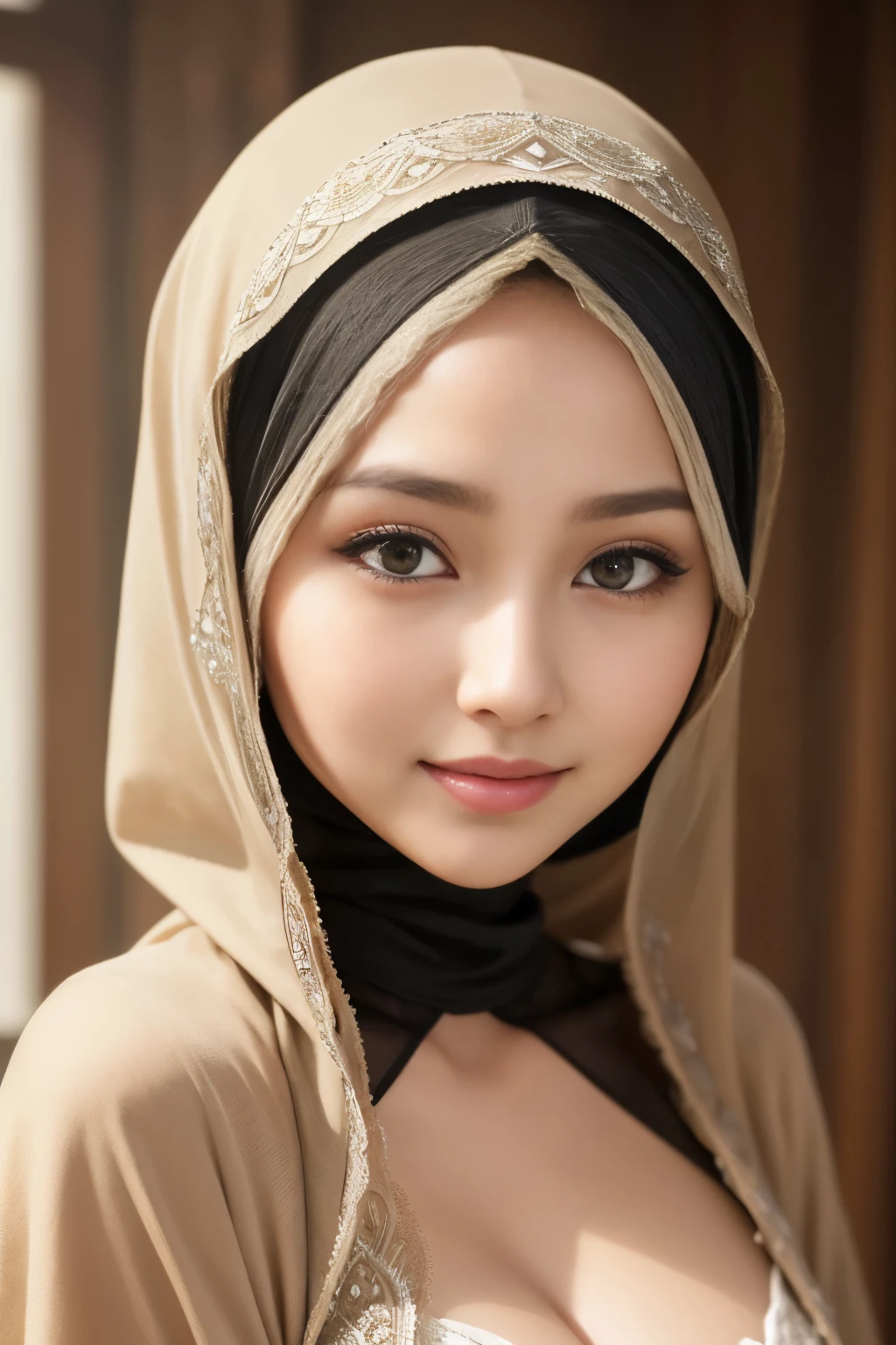 bottomless, Flashy, cleavage, hijabi, Absurd, ultra-detailed, high quality, masterpiece, detailed face, beautiful eyes(detailed eyes), javanese, gentle and graceful, face exudes warmth and kindness, eyes described as soft and comforting, gentle and steady gaze, overall appearance is simple and modest, The fabric of her garments is usually depicted as soft and earth-toned, beauty lies not in extravagant adornments, Her smile is serene and welcoming
