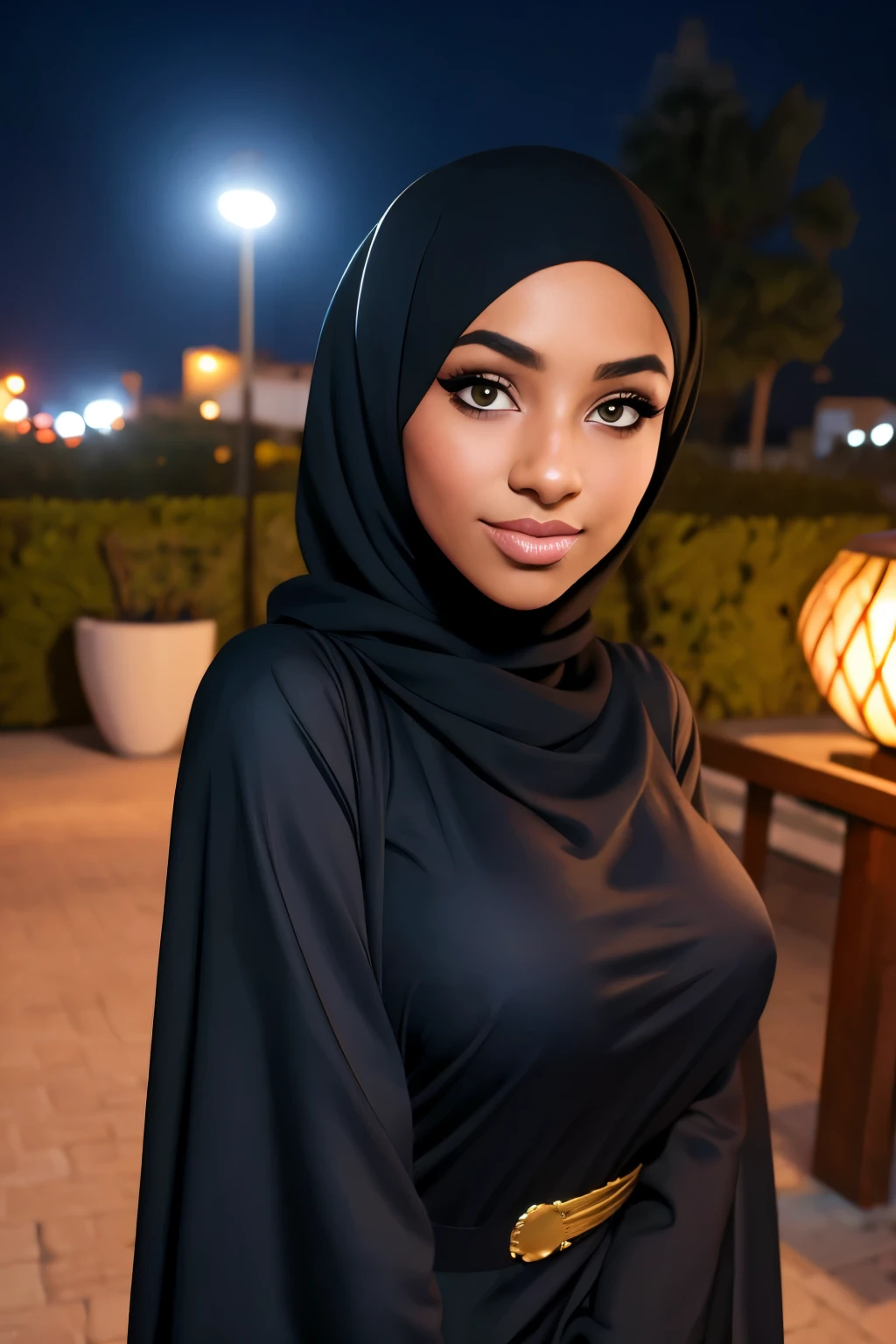 (Cute teen glamour model), gorgeous teen, ebony skinned arab, head and shoulders focus, youthful, young, teen, teenager, (looking at the camera), outdoor lighting, huge breasts, hijab, thin, skinny, dainty, delicate, no bra, black abaya dress, covered 