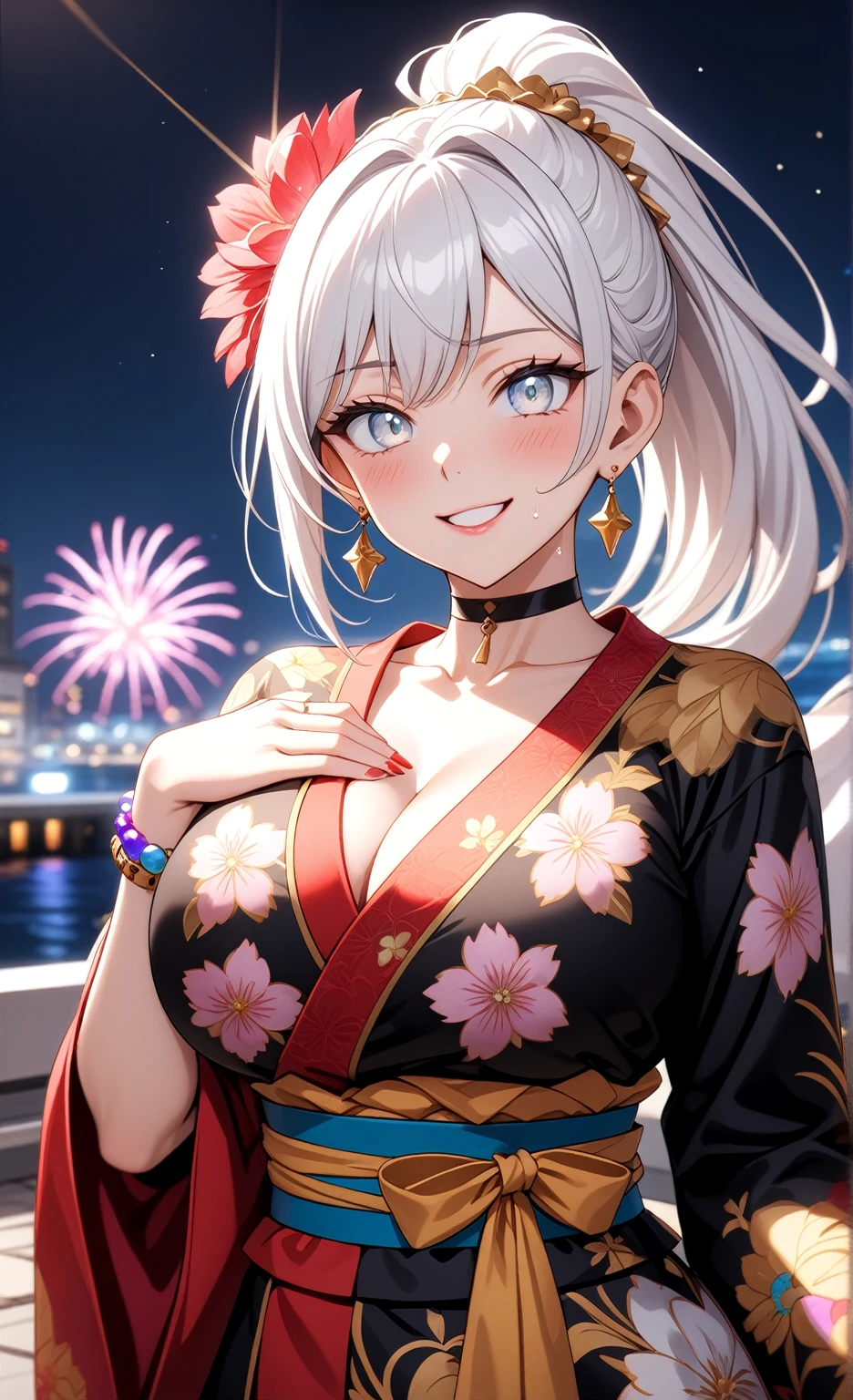 ((One personの女性)), Beautiful Face,Laughing shyly,((Wink:2.0)),Laugh with your mouth wide open((Bright red cheeks:1.4)),Glossy pink lips,night,rooftop,Festive decorations,You can see the ocean, firework,Laughing with your mouth open,Glossy pink lips,Lighting on the face,((Anime style background)),masterpiece, Highest quality, so beautiful,Latest, Complex details, (Pink long nails),(ring),(bracelet),(choker),AI-generated, Complex,High resolution, Highest quality, super high quality,3D Images、View your viewers、3D Images,One person,Long white hair,High Ponytail,(blue eyes),Anime woman posing for a photo, ((Fine grain、Silvery white colorful eyes、Shining Eyes:1.4)),(Squint your eyes:1.1),a hyperRealistic , hyperRealistic , Realistic,Anime woman with long and white hair, Smooth anime CG art, A woman in a colorful kimono with gold embroidery, (Black long sleeve kimono),Red floral pattern,Long flower hair ornament,Big earrings,Mature Body,(Big Breasts:1.1),Tall,Abdominal muscles,Narrow waist,(Zoom in on face:1.8),Shooting from below at an angle