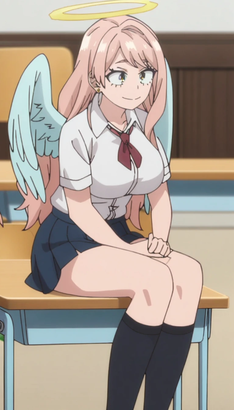 1girl, my hero academia screencap, boku no hero academia, pink hair, gold eyes, smiling, super long hair, cute, wearing white school shirt, red ribbon tie on shirt, in a classroom, cute gold earrings, bangs, , full body, large angel wings on back, halo, short skirt, thigh high black socks, big boobs, sitting down at desk, chatting