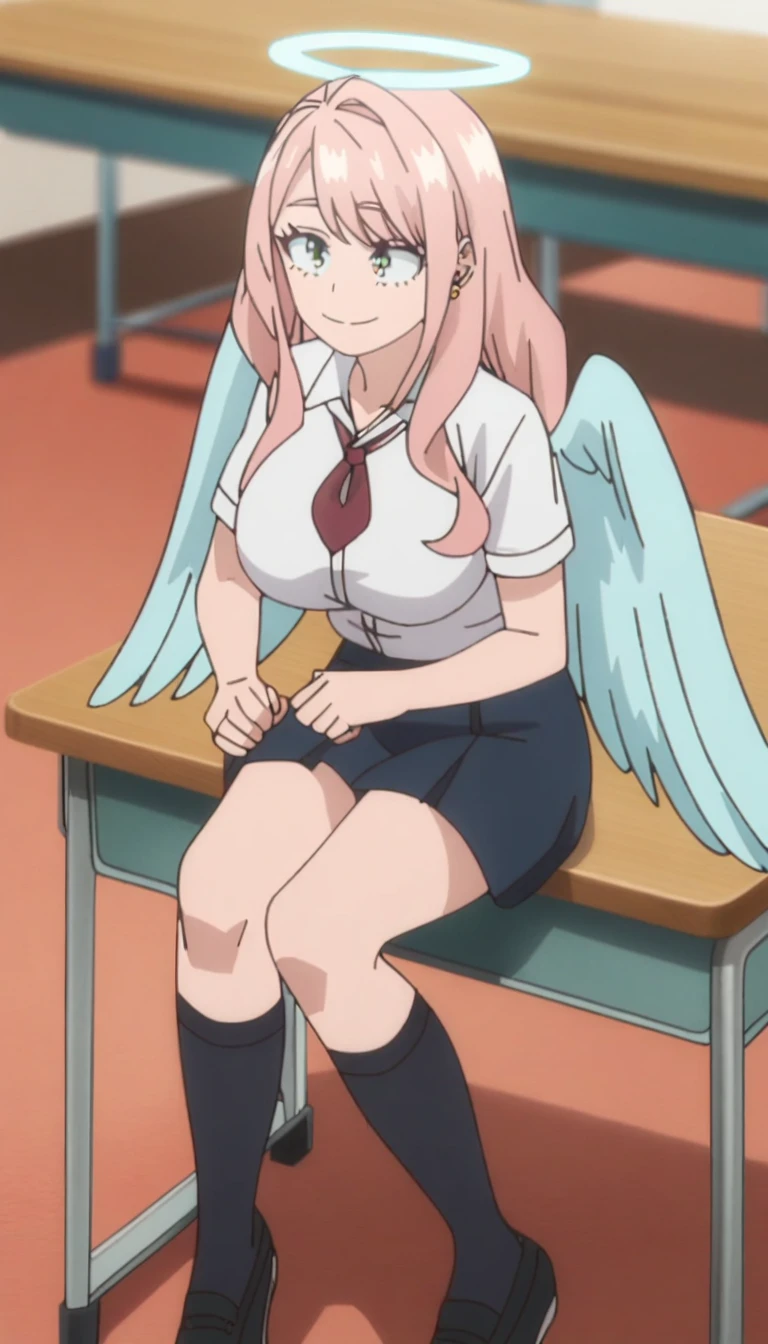 1girl, my hero academia screencap, boku no hero academia, pink hair, gold eyes, smiling, super long hair, cute, wearing white school shirt, red ribbon tie on shirt, in a classroom, cute gold earrings, bangs, , full body, large angel wings on back, halo, short skirt, thigh high black socks, big boobs, sitting down at desk, chatting
