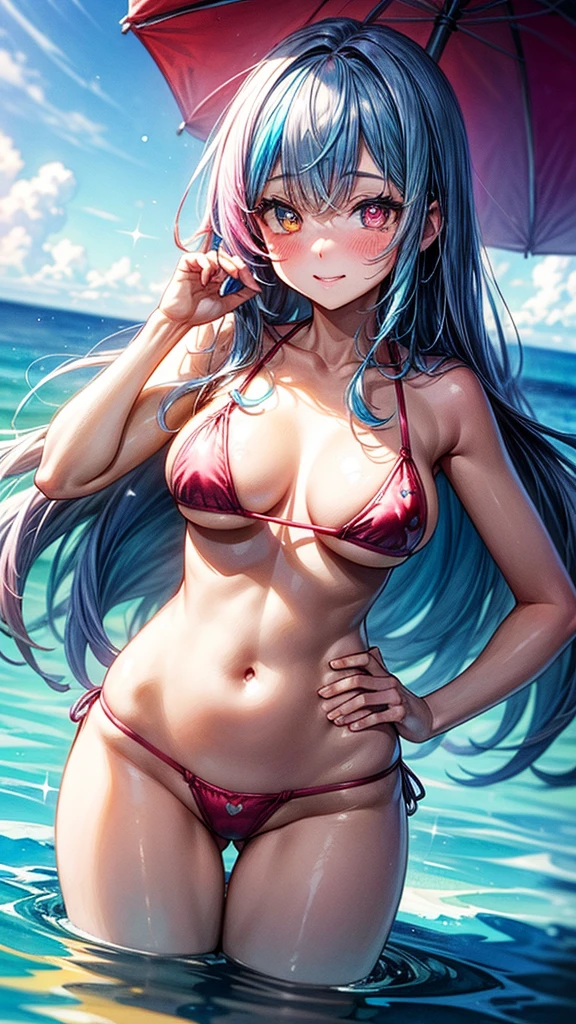((Tabletop, Highest quality, watercolor、beautiful: 1.2)), (Golden Ratio: 1.2), (whole body: 1.2), (Very detailed: 1.3), (1 Girl: 1.3), (Fractal Art: 1.3), whole body, (Sparkling eyes)), pattern, (Rainbow Hair, colorful hair, Half Light Blue、Half pink hair: 1.2)), colorful, write, (Heterochromia iridis), (colorful: 1.5), (((Embarrassed face))), ((Micro Bikini)), (Hyper Detail), ((Subtle details)), (Intricate details), ((Cinematic Light, Highest qualityのバックライト)), High Contrast, ((Best lighting, Very delicate and beautiful)), (( Cinematic Light)), (ray tracing reflection, Shine), ((Shineオーラ)), ((Shiny Hair)), ((Very detailed)), (8K)), ((close)), ((Captivating smile)) ,((ハイアングルwhole bodyショット)),(Browsing Caution:1.5),completely,((Heart-shaped pupils))、((Chest lifting posture))、Ocean