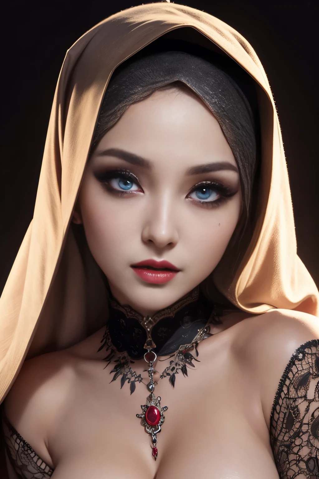nsfw, porn, topless, blood, horror, fang, vampire, hijabi, Absurd, ultra-detailed, high quality, masterpiece, detailed face, beautiful eyes(detailed eyes)