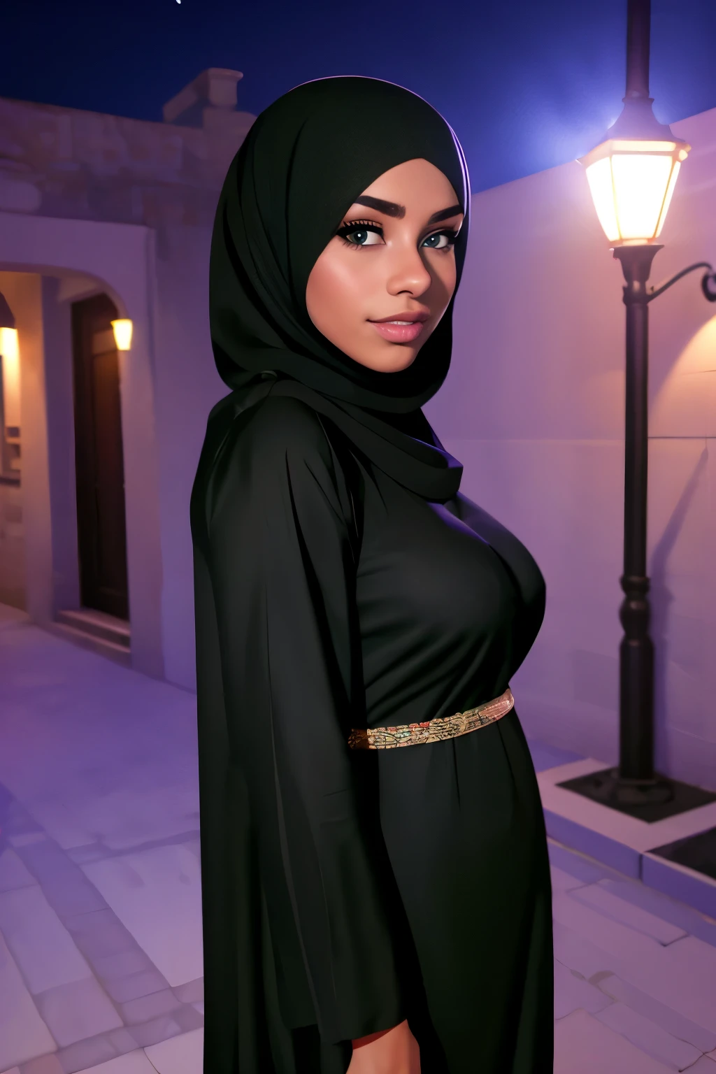 (Cute teen glamour model), gorgeous teen, ebony skinned arab, head and shoulders focus, youthful, young, teen, teenager, (looking at the camera), outdoor lighting, huge breasts, hijab, thin, skinny, dainty, delicate, no bra, black abaya dress, covered 