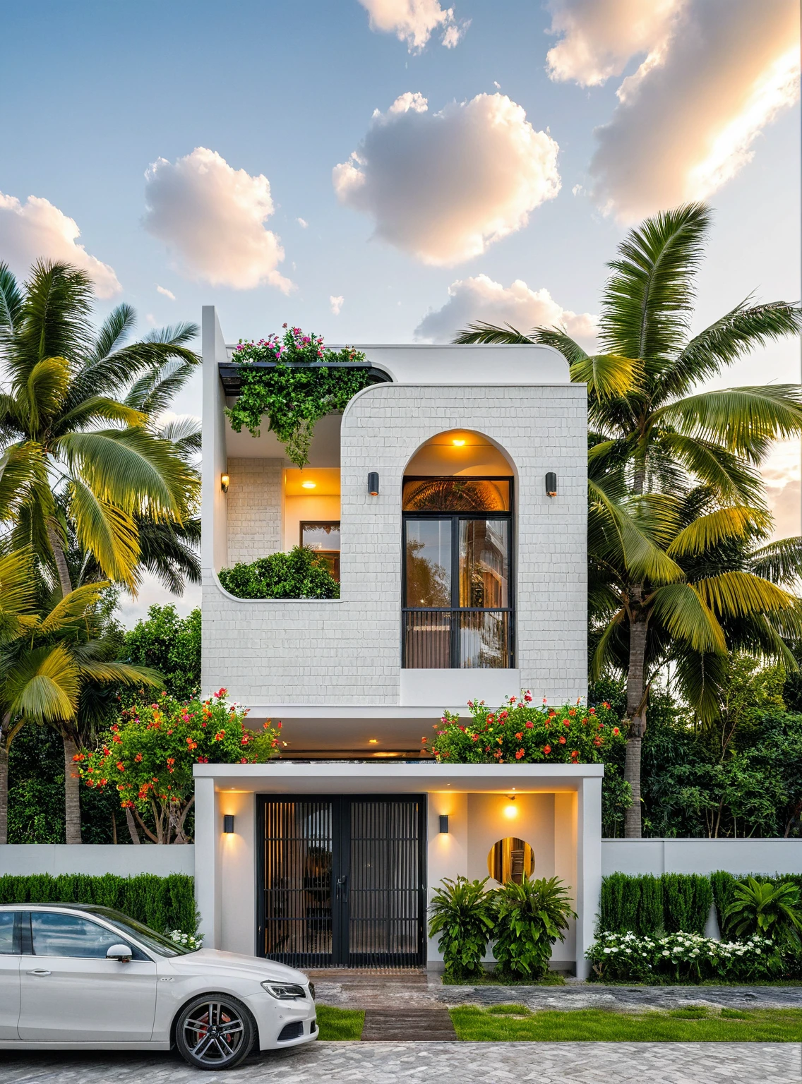 Masterpiece, high-end, best quality, authentic, super detailed, outdoor, aiaigroup, modern 2-storey townhouse, stairs, white walls combined with wood, wind encaustic tiles, iron gate, conwood ceiling, flowers , path, summer evening, grass, trees, sky, clouds, (daylight: 1.1)