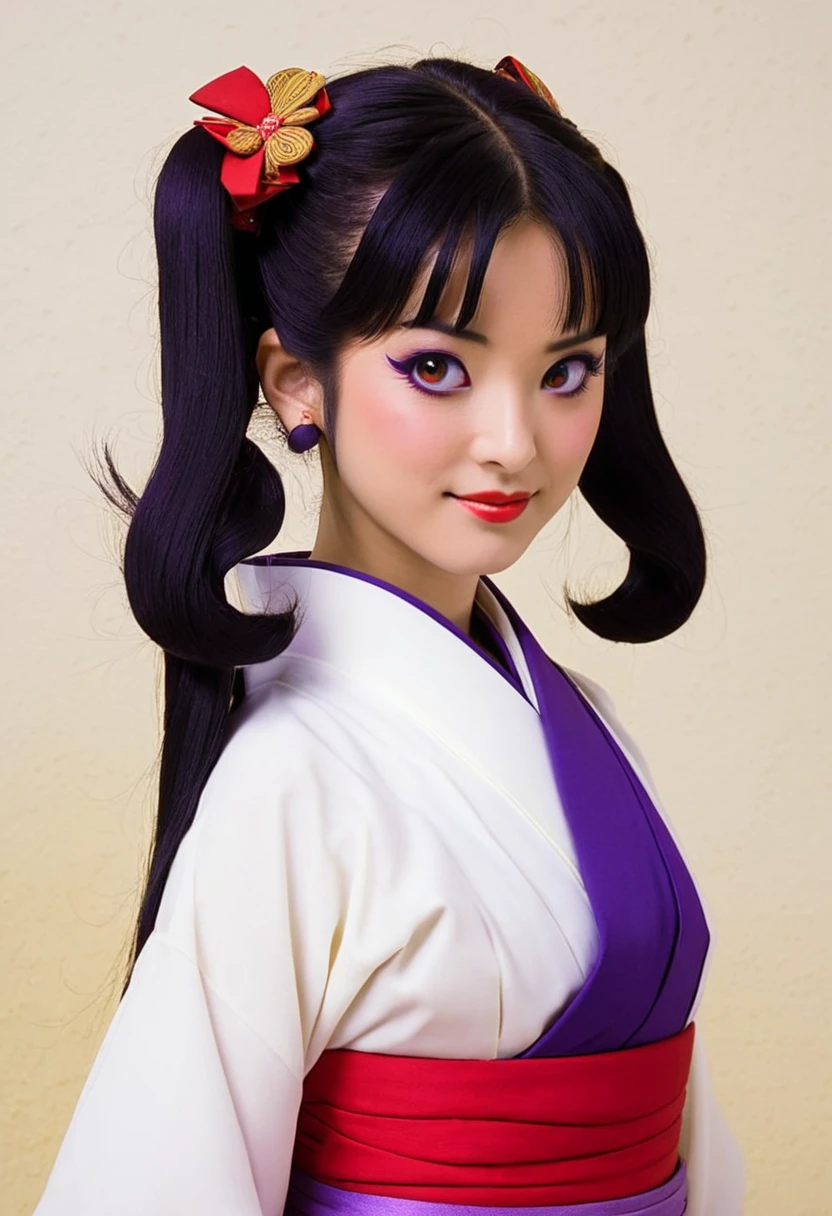 A Ghibli's studio character (2D). She have her black hair tied in a long pigtails. She wears traditional oiran clothes purple red