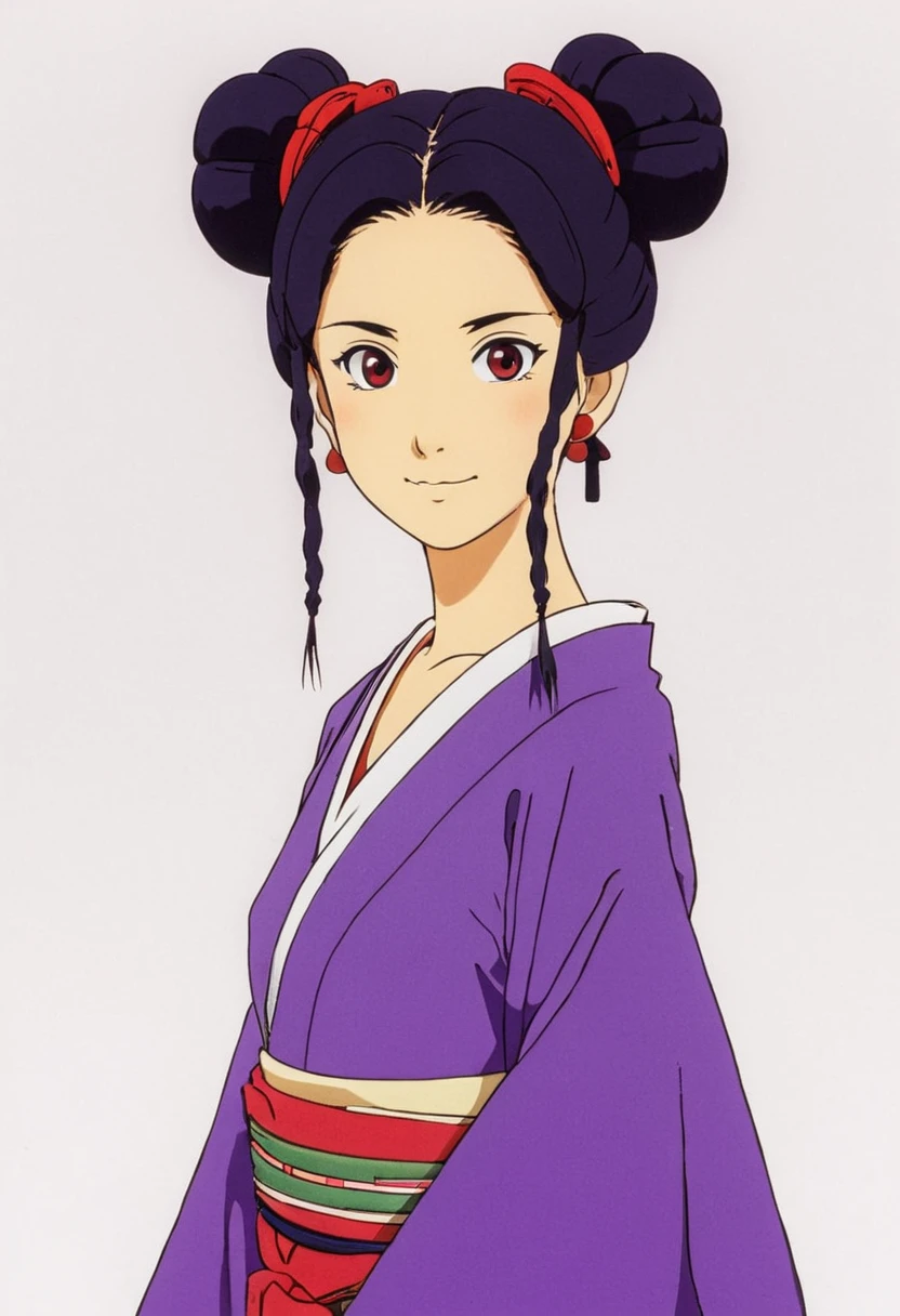 A Ghibli's studio character (2D). She have her black hair tied in a long pigtails. She wears traditional oiran clothes purple red