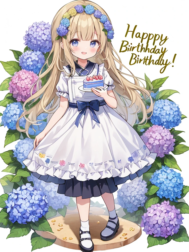(White background:1.4)，(Nature Illustration　hydrangea  Festival:1.3，paper art:1.3, Quilted Paper Art:1.2),　(Reasonable design, Clear lines, High Sharpness,Best Quality, Very detailed, masutepiece, Movie Light Effects, 4K ), (hydrangea of various colors:1.0)、Lots of celebrations fluttering、the wind、Background with、hydrangea birthday cake、cut and sewn tunic, hair at the base, Garrant, happy birthday、1girl, , bronde hair, full body Esbian、A delightful, Happy smile, kirakira, Delicious looking cake,