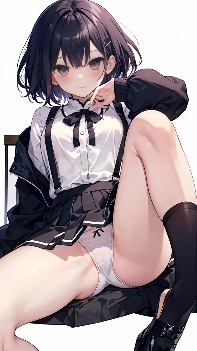 (Highest quality), (masterpiece), 1080P, High resolution, 4K, 8K, Panty stains, suspenders, Maruka Higuchi、Higuchi_Madoka、Mature Japan、1 person、thin and thin legs、The whole body from head to foot、Sit on、、(black_pantyhose):1.2)、Showing white panties through stockings、Very beautiful 17 year old girl, Innocent big eyes, (brown_short_hair),,(前hair),dishevled hair,(hair clips),A slight blush, alone, Looking at the audience, Showing white panties、Flip up the skirt、Skirt flip、pull up the skirt with your hands、Show your underwear、Show off your pants with your own hands、Panty shot、Wide-open legs、Panties digging into the crotch、 Spread your legs、Spread your legs、High school uniform white blouse、High school uniform blue ribbon、Navy high pleated skirt、 spread legs, legs up, sole