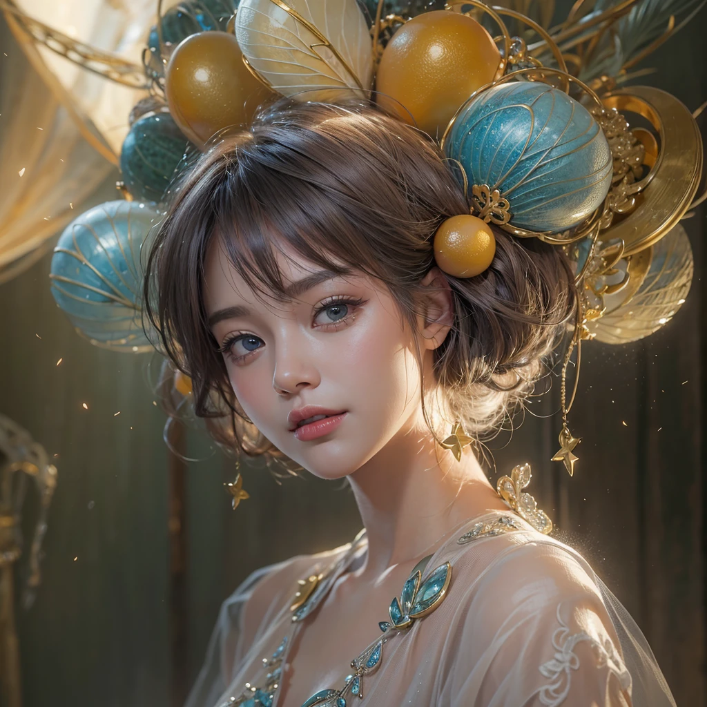 (masterpiece:1.3), (8K, Realistic, RAW Photos, Best image quality: 1.4), Fair-skinned fairy woman、short hair、Cleavage:2.0、Highly detailed face、Attention to detail、double eyelid、Sharp focus:1.2、Beautiful woman:1.4、Highest quality、masterpiece、Ultra-high resolution、(Realistic:1.4)、Highly detailed and professionally lit smiles、カーネ・グリフィスを彷彿andさせる非常に詳細な線画, (Donald Trump'clown:1.7), (balloon:1.4), With the power of Vadim Kassim'大胆な色彩and質感, Light and airy, Like the works of Carl Larsson, dark background, dark, evil, fire, パスカル・ブランシュ風の超Realisticなキャラクター, pastel, Grace, Draandic lighting, Expressive camera angles, and, Concept Art, amusement park, masterpiece