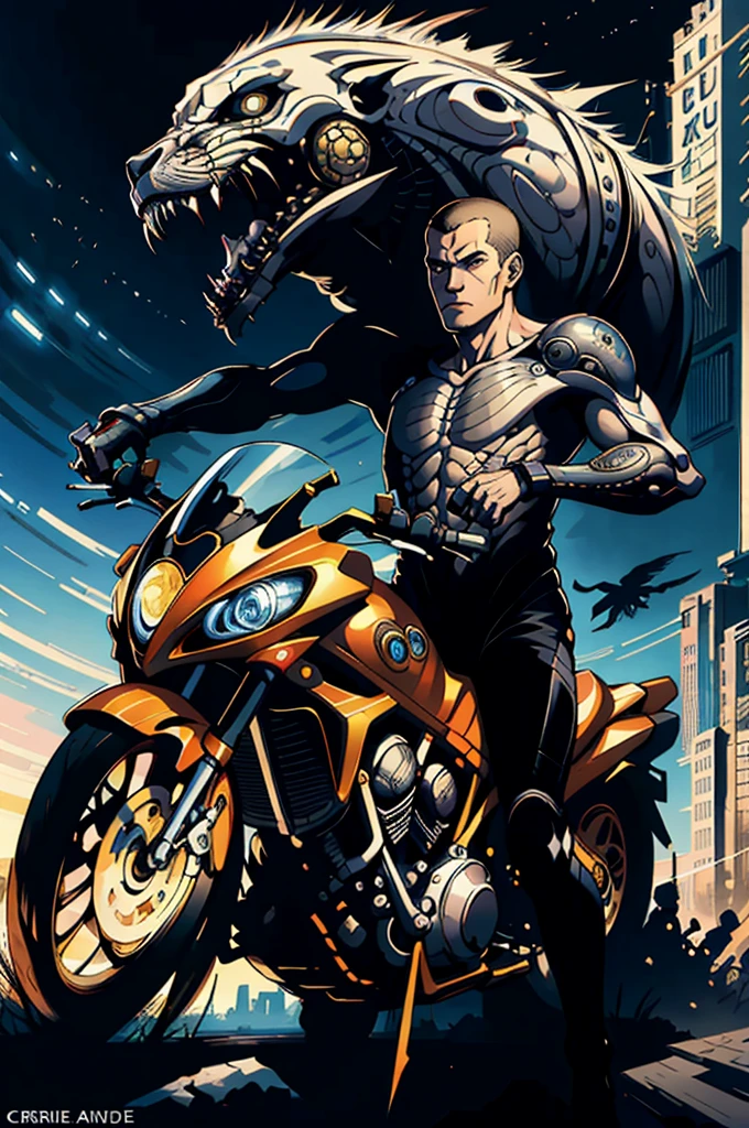 Boys riding futur sportbike, movie poster,(by Artist Carrie Ann Baade:1.3)